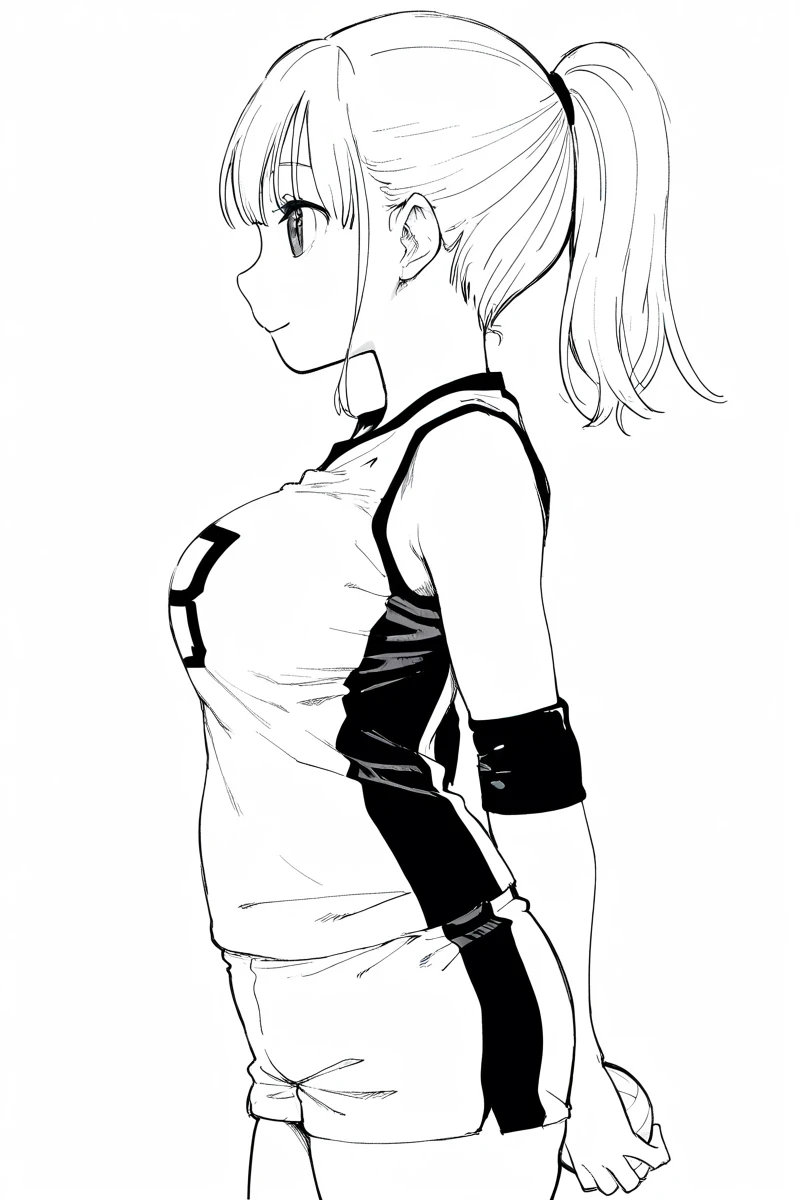 masterpiece, best quality, amazing quality,
 <lora:KubikiriV2_IL:1> kubikiri, 1girl, greyscale, solo, monochrome, shorts, volleyball uniform, ponytail, sportswear, white background, simple background, closed mouth, sleeveless, bangs, cowboy shot, from side, profile, sleeveless shirt, shirt, smile, sketch, breasts, standing, elbow pads