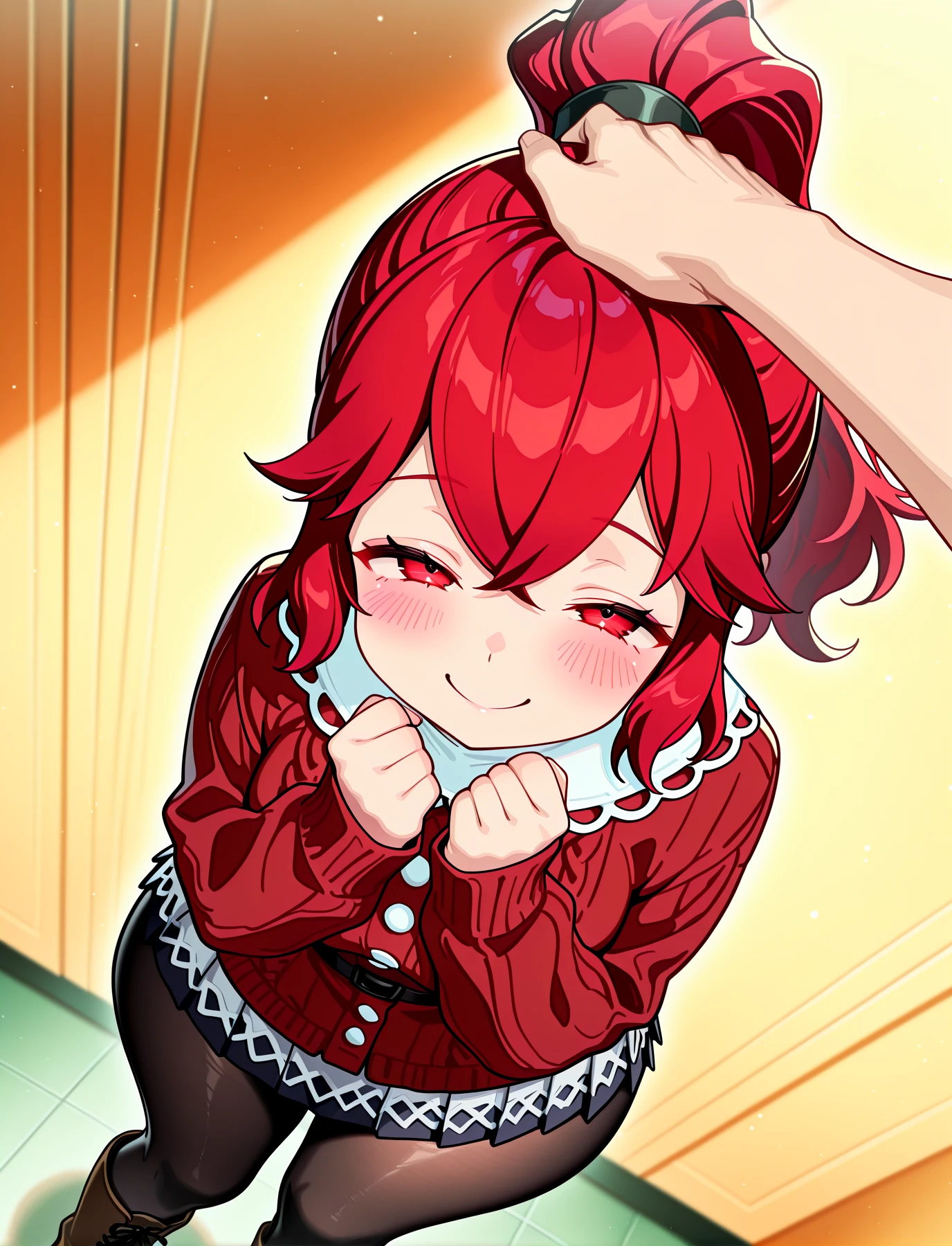 <lora:LECO-mature_female_XL(ill)v11:1> , <lora:Curvier:1>plump, thick thighs, wide hips, curvy,
<lora:AnnaEngage:1> red hair, red eyes, hair between eyes, sidelocks, bangs, high ponytail, AnnaCAS, white turtleneck collar, long red sweater, white lace trim underskirt, long sleeves, black pantyhose, brown boots,
<lora:headpat-pov-illustriousxl-lora-nochekaiser:1> headpat pov, blush, from above, looking up, pov, pov hands, headpat, half-closed eyes, looking at viewer, hands up, clenched hands, smile,, IllusP0s, masterpiece, best quality, amazing quality, very aesthetic, absurdres, newest, Smooth_Quality