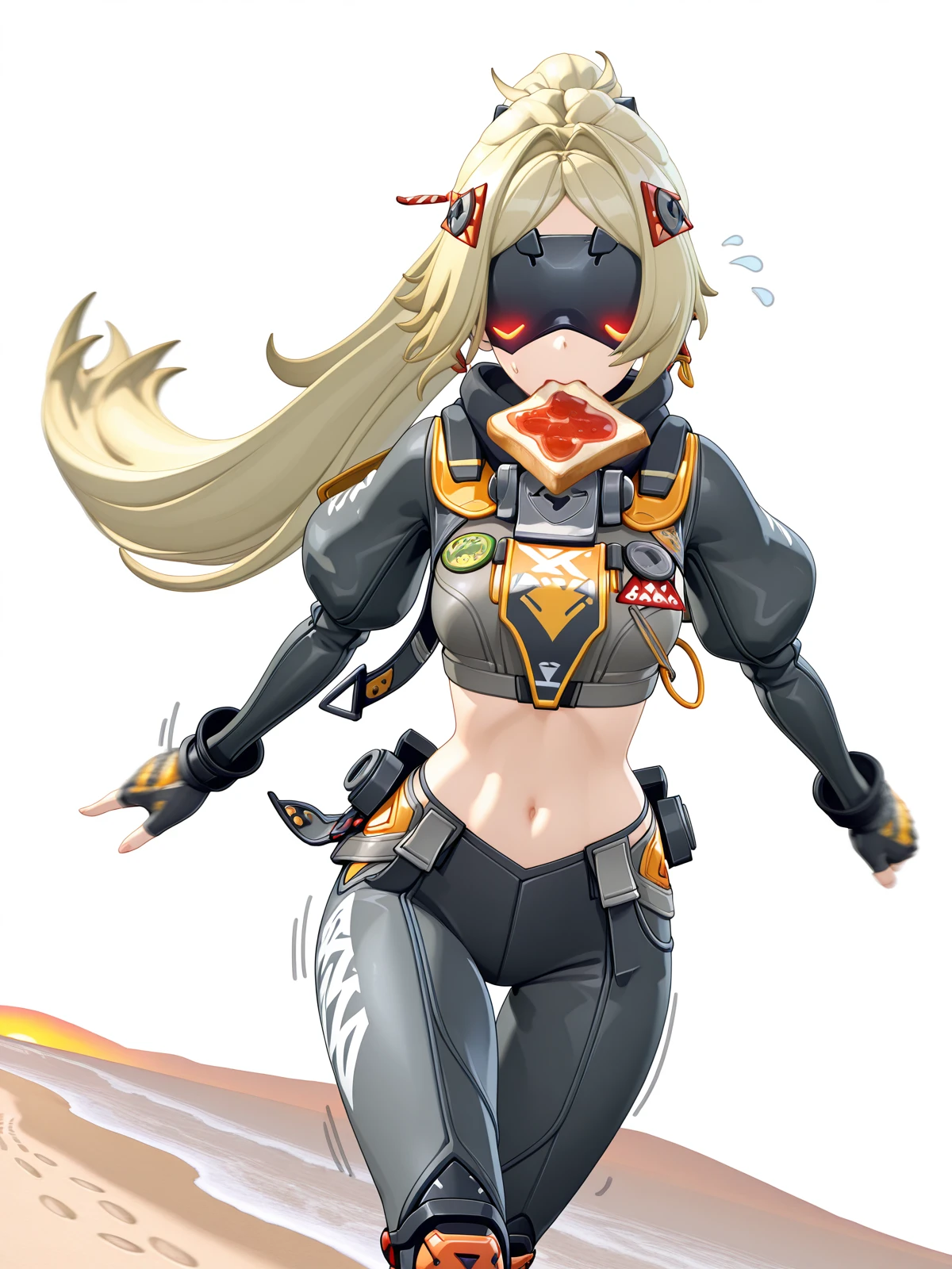 masterpiece, best quality, amazing quality,, <lora:zzz-trigger-ingame-illustriousxl-lora-nochekaiser:1>, trigger, trigger (zenless zone zero), blonde hair, covered eyes, eye mask, hair intakes, hair ornament, long hair, parted bangs, ponytail, very long hair, mature female, small breasts, 3d, black gloves, black pants, crop top, fingerless gloves, juliet sleeves, knee pads, leggins, long sleeves, midriff, navel, puffy sleeves, zipper pull tab, <lora:food-in-mouth-running-illustriousxl-lora-nochekaiser:1>, food in mouth running, food in mouth, running, bread, bread slice, food, toast in mouth, toast, sweatdrop, motion lines, motion blur, outdoors, cowboy shot, straight-on, beach, sunset, walking along shore, footprints in sand, waves, peaceful, cowboy shot, solo, looking at viewer, <lora:transparent-background-illustriousxl-lora-nochekaiser:1>, transparent background, simple background, white background