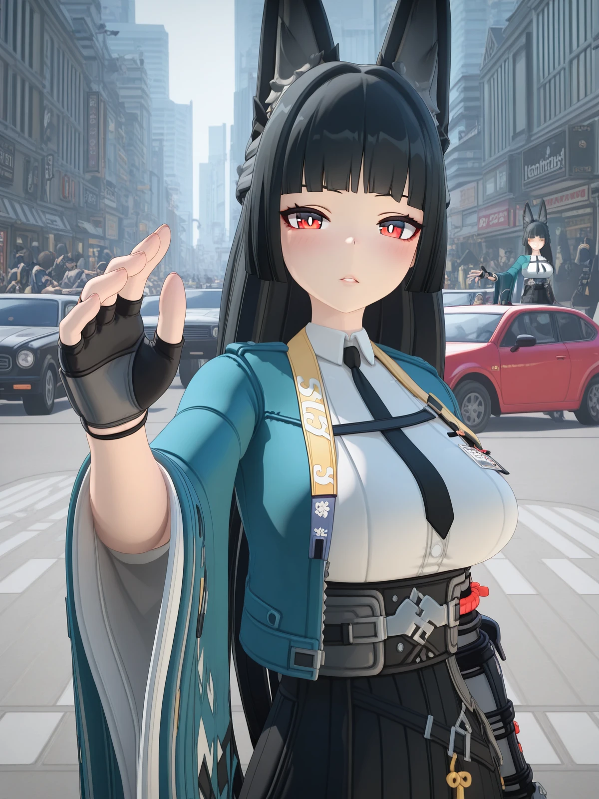 masterpiece, best quality, amazing quality,, <lora:zzz-miyabi-hoshimi-ingame-illustriousxl-lora-nochekaiser:1>, miyabi hoshimi, hoshimi miyabi, animal ear fluff, animal ears, black hair, bright pupils, fox ears, fox girl, half updo, long hair, red eyes, sidelocks, white pupils, mature female, large breasts, 3d, asymmetrical gloves, black gloves, black necktie, black skirt, blue jacket, collared shirt, fingerless gloves, gloves, high-waist skirt, jacket, long skirt, necktie, shirt, side slit, single fingerless glove, skirt, white shirt, wide sleeves,, <lora:incoming-headpat-illustriousxl-lora-nochekaiser:1>, incoming headpat, headpat, pov, outstretched arm, reaching, reaching towards viewer, looking at viewer, parted lips, blush, upper body, city, buildings, streets, cars, people, cowboy shot, solo, looking at viewer,