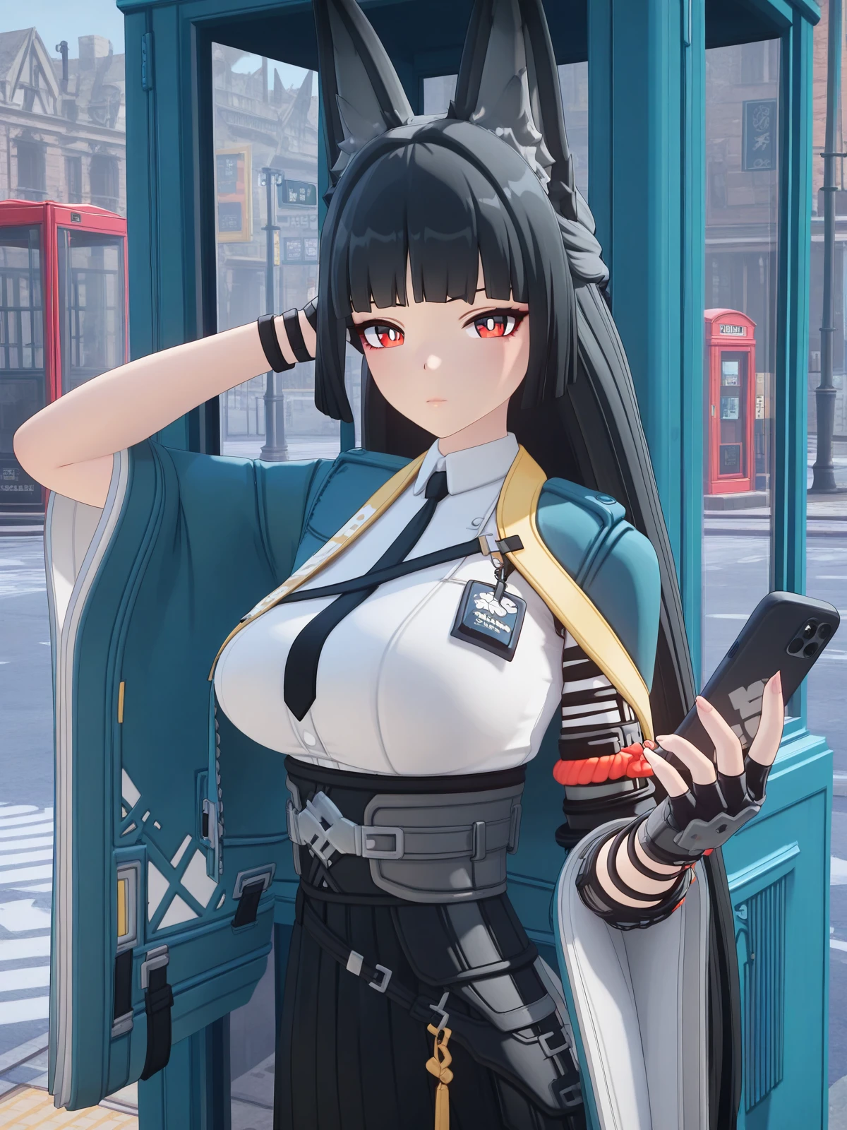 masterpiece, best quality, amazing quality,, <lora:zzz-miyabi-hoshimi-ingame-illustriousxl-lora-nochekaiser:1>, miyabi hoshimi, hoshimi miyabi, animal ear fluff, animal ears, black hair, bright pupils, fox ears, fox girl, half updo, long hair, red eyes, sidelocks, white pupils, mature female, large breasts, 3d, asymmetrical gloves, black gloves, black necktie, black skirt, blue jacket, collared shirt, fingerless gloves, gloves, high-waist skirt, jacket, long skirt, necktie, shirt, side slit, single fingerless glove, skirt, white shirt, wide sleeves,, hand behind head, , phone booth, glass, phone, street, retro, cowboy shot, solo, looking at viewer,
