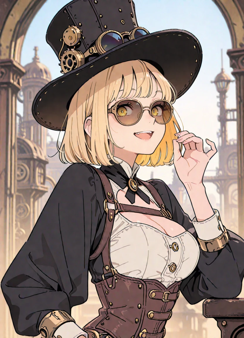 1girl, solo, blonde hair, hat, short hair, black headwear, sunglasses, breasts, open mouth, looking at viewer, yellow eyes, smile, top hat, long sleeves, steampunk,
masterpiece,best quality,amazing quality,very aesthetic,absurdres, newest, depth of field,