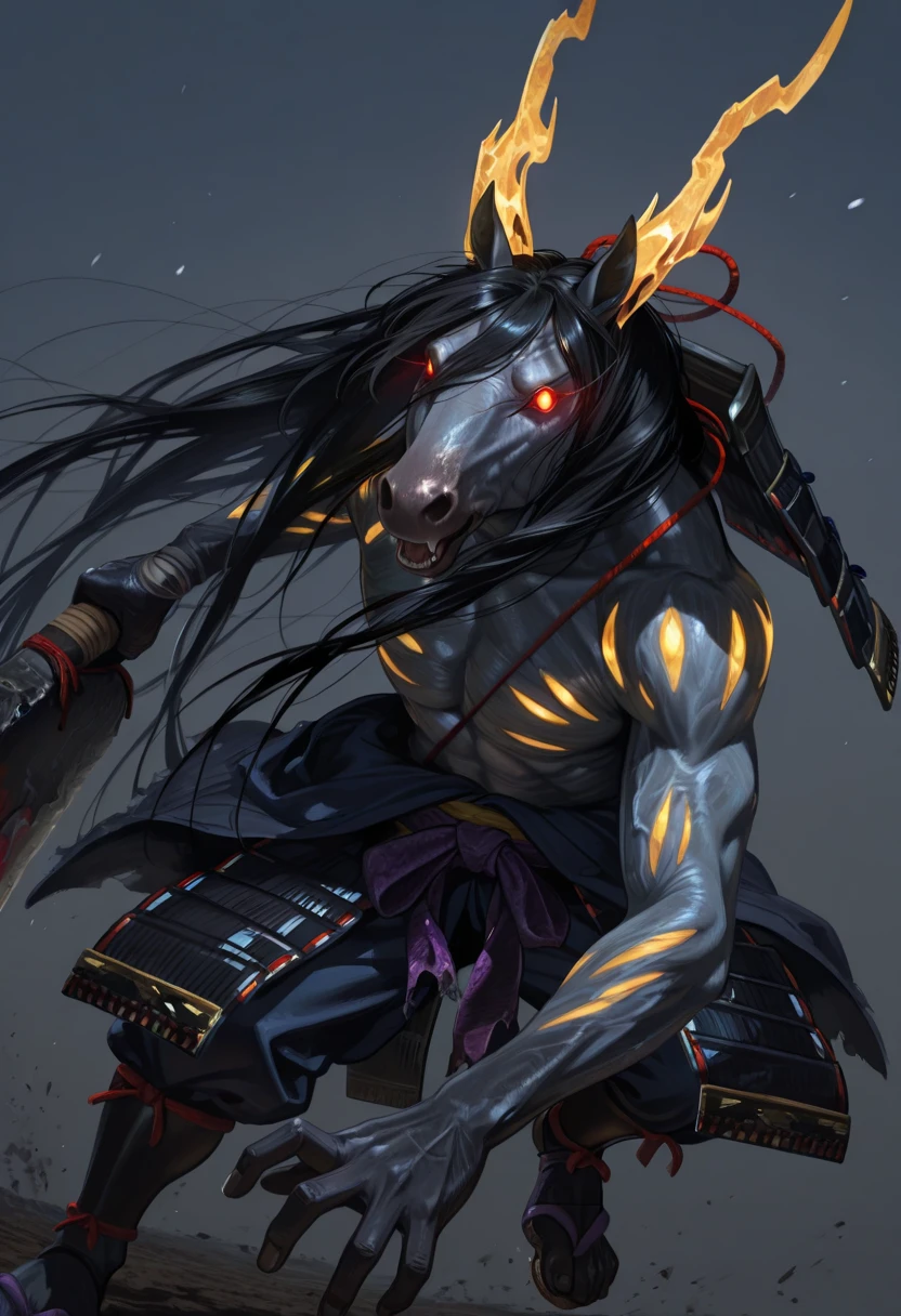 masterpiece, best quality, perfect quality, absurdres, newest, very aesthetic, very awa, 1boy, MezukiNIOH, horse, furry male, undead, demon, long black hair, anthro, grey skin, yellow body pattern, golden horns, no humans, solo, fangs, glowing red eyes, glowing, Japanese armor, giant cleaver, weapon, dynamic, (demonic aura), swinging weapon, jumping skyward, side angle, sky <lora:Mezuki_-_Nioh_2:.8>
