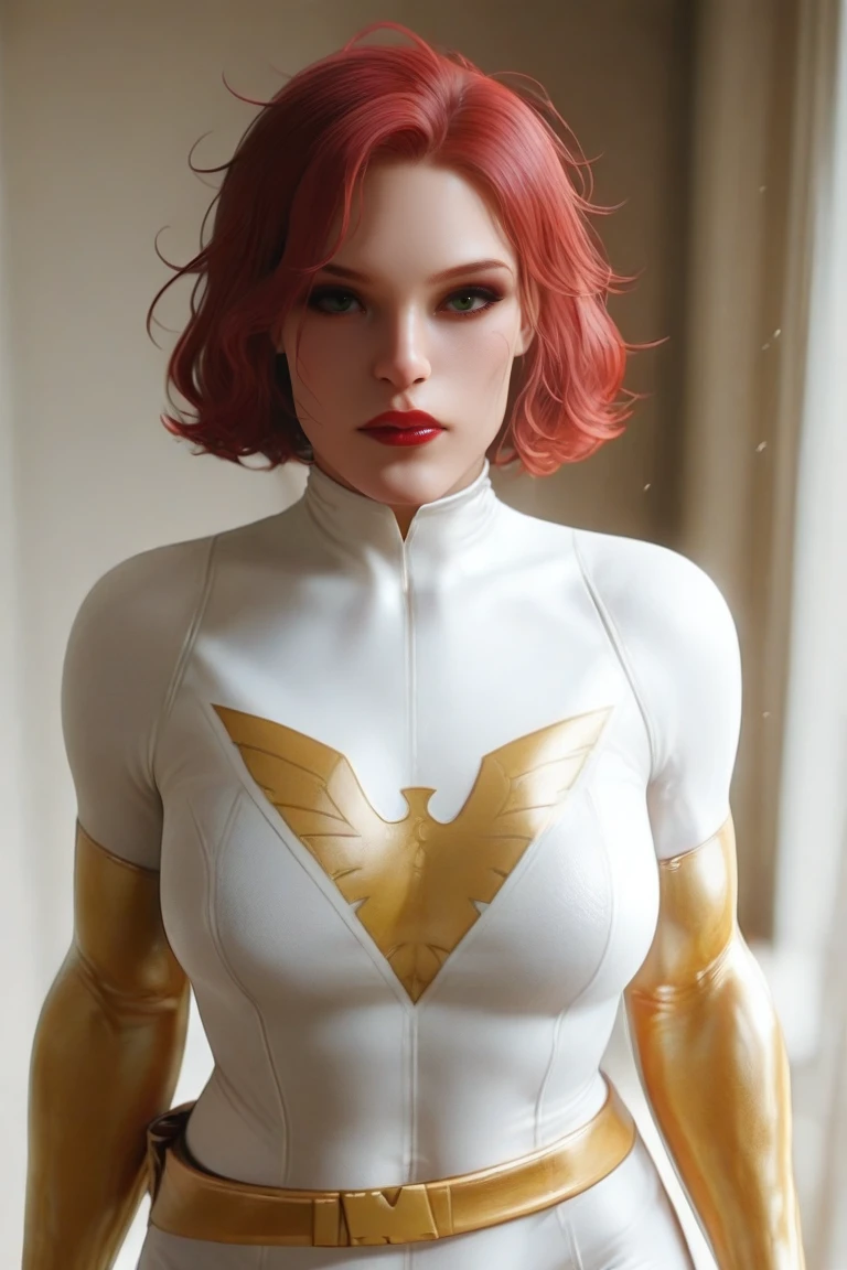 WhitePhoenix, 1girl, solo, red hair, realistic, short hair,  messy hair, gloves, , makeup, yellow gloves, cosplay, elbow gloves, lipstick, superhero, looking at viewer, white , green eyes, red lips, , cosplay, masterpiece,best quality,amazing quality