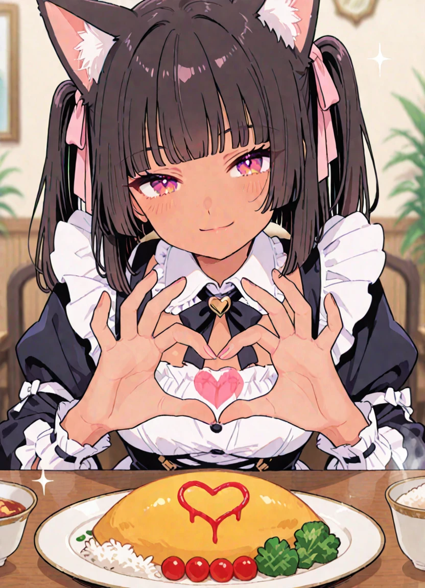 1girl, cute cat ears, long twin tails, hime cut, dark tan glossy skin, light smile, cute ribbon, frilly cute maid outfit, heart hands gesture, sparkling and glittering atmosphere, sitting, table, omelet rice, bustling maid café setting,half close-up,
masterpiece,best quality,amazing quality,very aesthetic,absurdres, newest, depth of field,