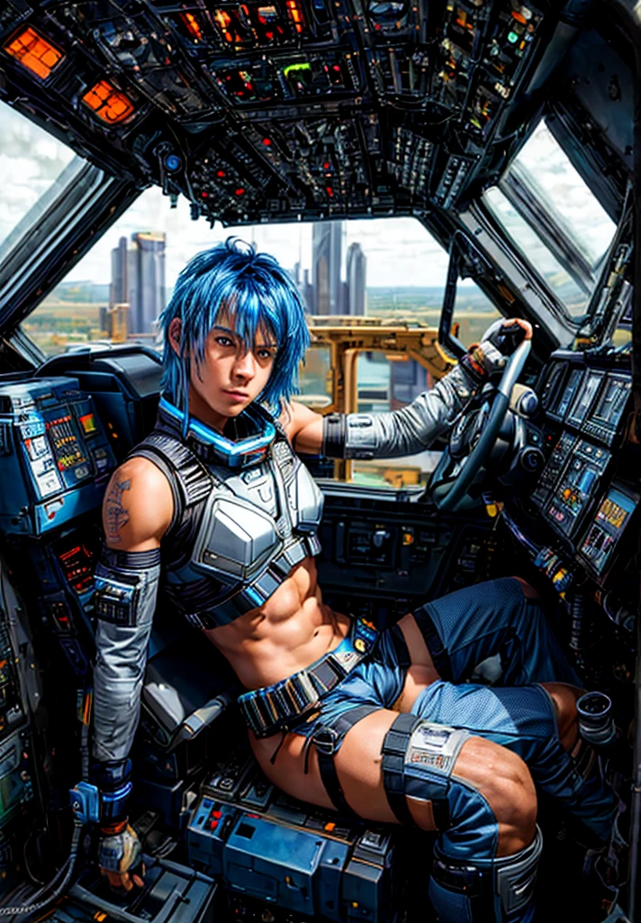 SilverPulse, best quality, highly detailed, ultra high quality, masterpiece, high res, vivid color, high saturation, 1young man, 22 years old, , male focus, sexy, solo, Short hair, brown hair, Spaceship interior, cockpit,(cyborg:0.9), a silver and blue glow metal, SilverPulse, yoke, seatbelt, window, sitting in shuttle cockpit, (cyborg:0.9), rust, dirty, metal, blue hair, bare midriff, looking at viewer, dynamic pose, arms crossed, high tech background, masterpiece, best quality, high quality <lora:add_detail:1> seatbelt, Dynamic pose, dynamic angle, , looking at viewer, seductive face, male, tiny waist, narrow waist, micro waist, Detailed background, spaceship interio, <lora:Background_-_Jet_Pilot_-_Cockpit_-_Airplane:1>, <lora:bulge:1>' <lora:SilverPulseMorphXL:1>