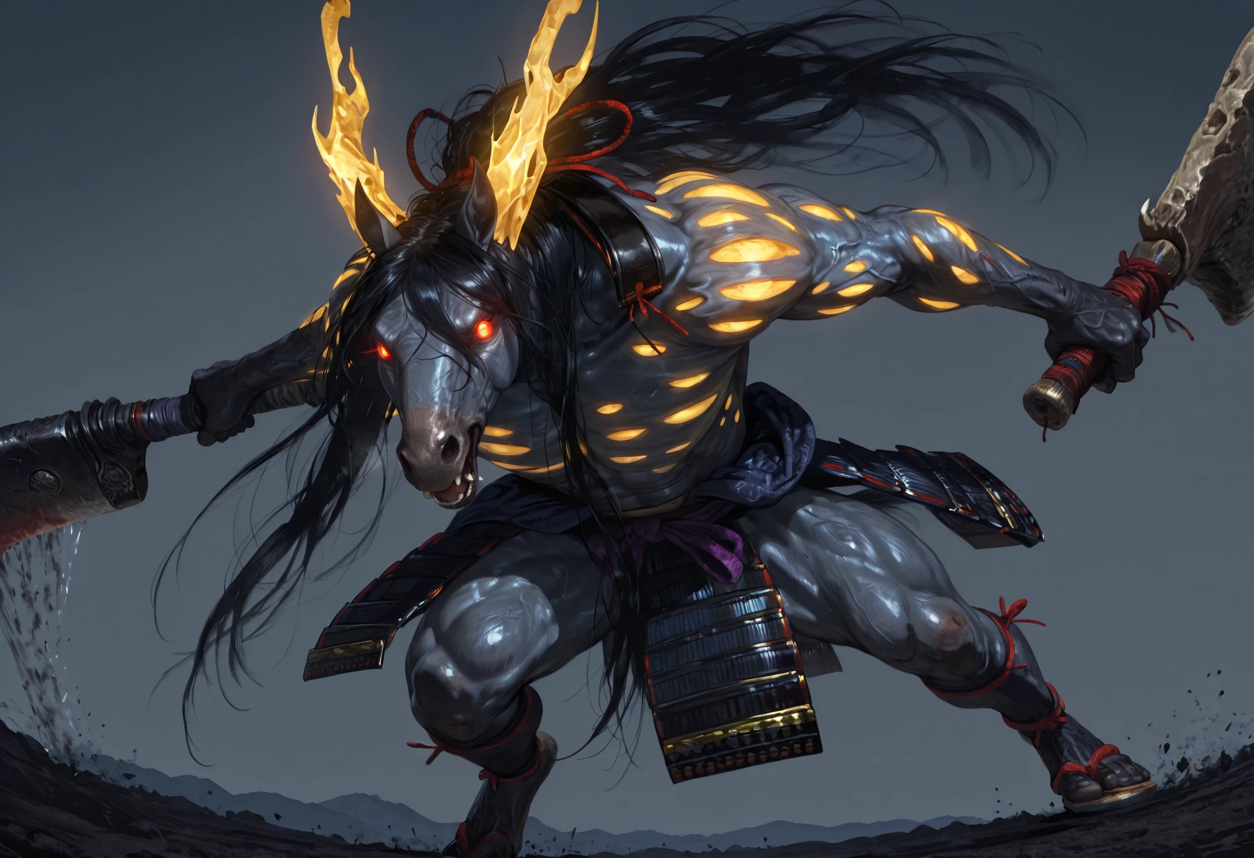masterpiece, best quality, perfect quality, absurdres, newest, very aesthetic, very awa, 1boy, MezukiNIOH, horse, furry male, undead, demon, long black hair, anthro, grey skin, yellow body pattern, golden horns, no humans, solo, fangs, glowing red eyes, muscular, Japanese armor, giant cleaver, weapon, dynamic, (demonic aura), swinging weapon, jumping skyward, sky <lora:Mezuki_-_Nioh_2:.8>