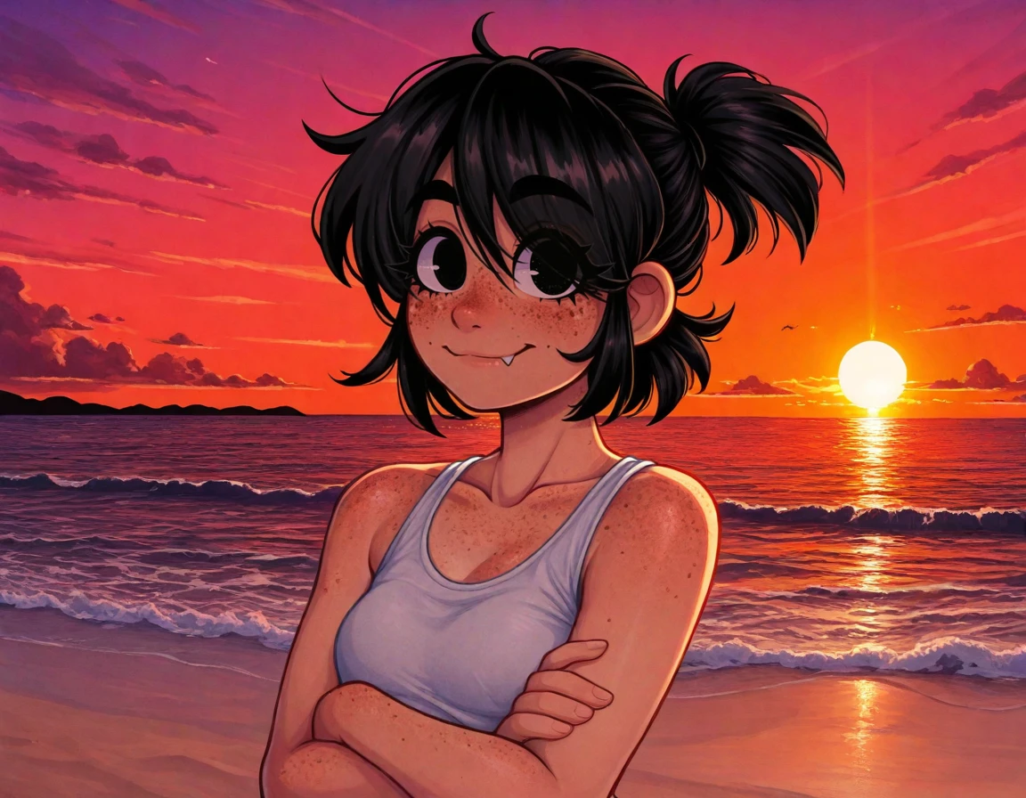1girl, 
<lora:Obsqured_Style_LoRA:1> 0bsqur3d,
1girl, freckles, solo, sunset, crossed arms, fang, white tank top, looking at viewer, tank top, , black eyes, upper body, short ponytail, fang out, ocean, short hair, smile, collarbone, body freckles,  shoulders, beach, small , sun, eyes visible through hair,
 lazypos,