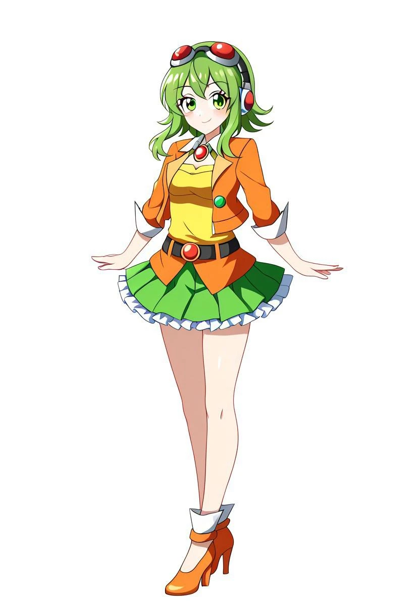 ((ssaf style)), ((white background)), ((black contour)), ((solo)), (1girl), gumi, green eyes, green hair, medium hair, sidelocks, bare legs, belt, brooch, frilled skirt, frills, goggles, goggles on head, green skirt, green tube top, headphones, high heels, jacket, jewelry, layered skirt, orange footwear, orange jacket, orange skirt, pleated skirt, red goggles, shirt, skirt, strapless, tube top, yellow shirt,