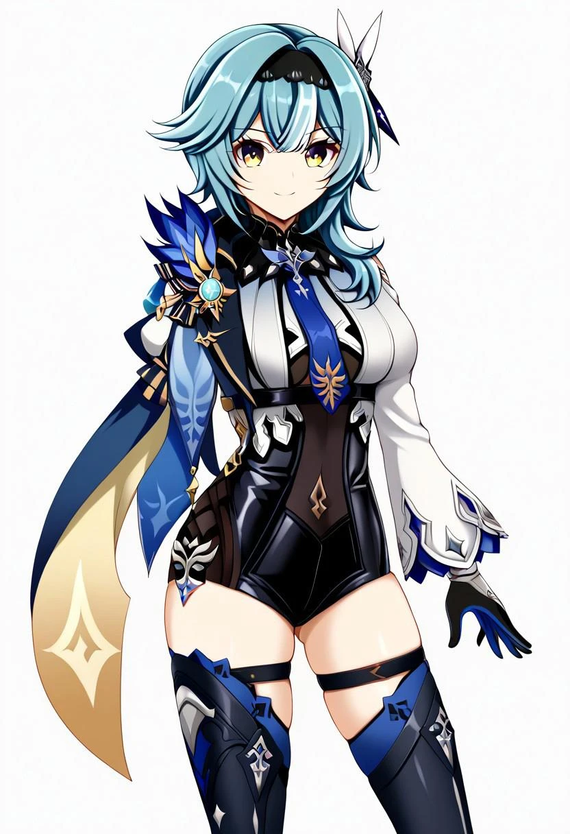 ((harukawa moe style)), ((white background)), ((black contour)), ((solo)), (1girl), posing, (smile), EulaSDXL,1girl, hair ornament, thighhighs, gloves, long sleeves, blue hair, yellow eyes, hair band, necktie, black gloves, medium hair, cape, leotard, skin dentation, thigh strap, black hairband, black leotard, blue necktie, multicolored eyes, eula (genshin impact)