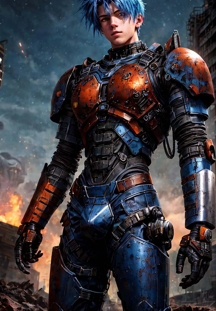 1 young man, male focus, 22 year old, three fourths body, (cyborg:0.9), rust, dirty, metal, blue hair, bare shoulders, bare chest, cyber shoulder armlet and gauntlets, small testicle bulge, dynamic pose, looking at viewer, high tech background, masterpiece, best quality, high quality <lora:add_detail:1>, <lora:CyberpunkStyleV3:1> <lora:bulge:1>