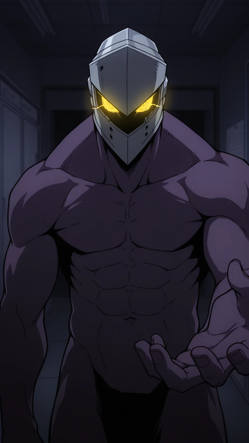 masterpiece, best quality, official style, 1male,male focus, male body, nude, BREAK <lora:RoboNomu:1> RoboNomu, Nomu, abs, Dark Purple Skin, yellow glowing eyes, Metal Helmet, ,full helmet, eye holes, lab room, dark room, dark atmosphere, looking at viewer, hand  reaching towards viewer <lora:My_Hero_Academia_Illustrious_X1_1024_SD8:1.0>