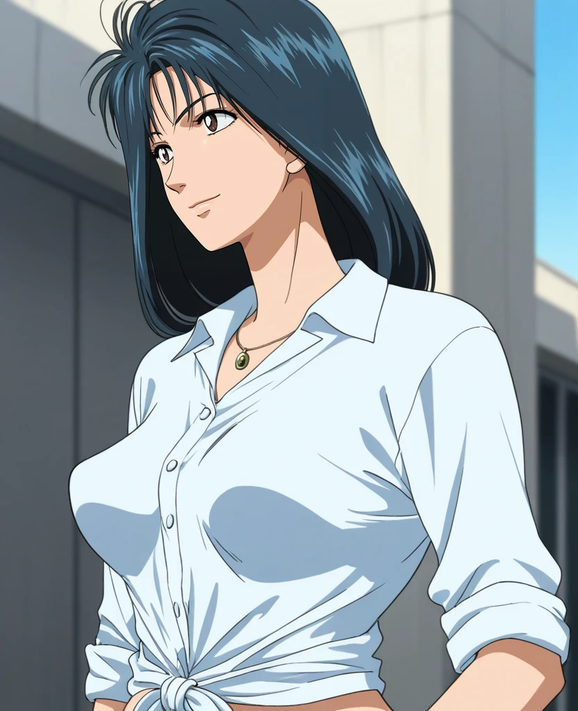 masterpiece, best quality, anime coloring, <lora:shima_ryokoV5:1> , 1girl, solo, shima ryoko, long hair, black hair, white collared shirt, tied shirt, shirt in shirt, necklace, sleeves rolled up, perky , , (curvy:0.6), street, upper body, light smile,