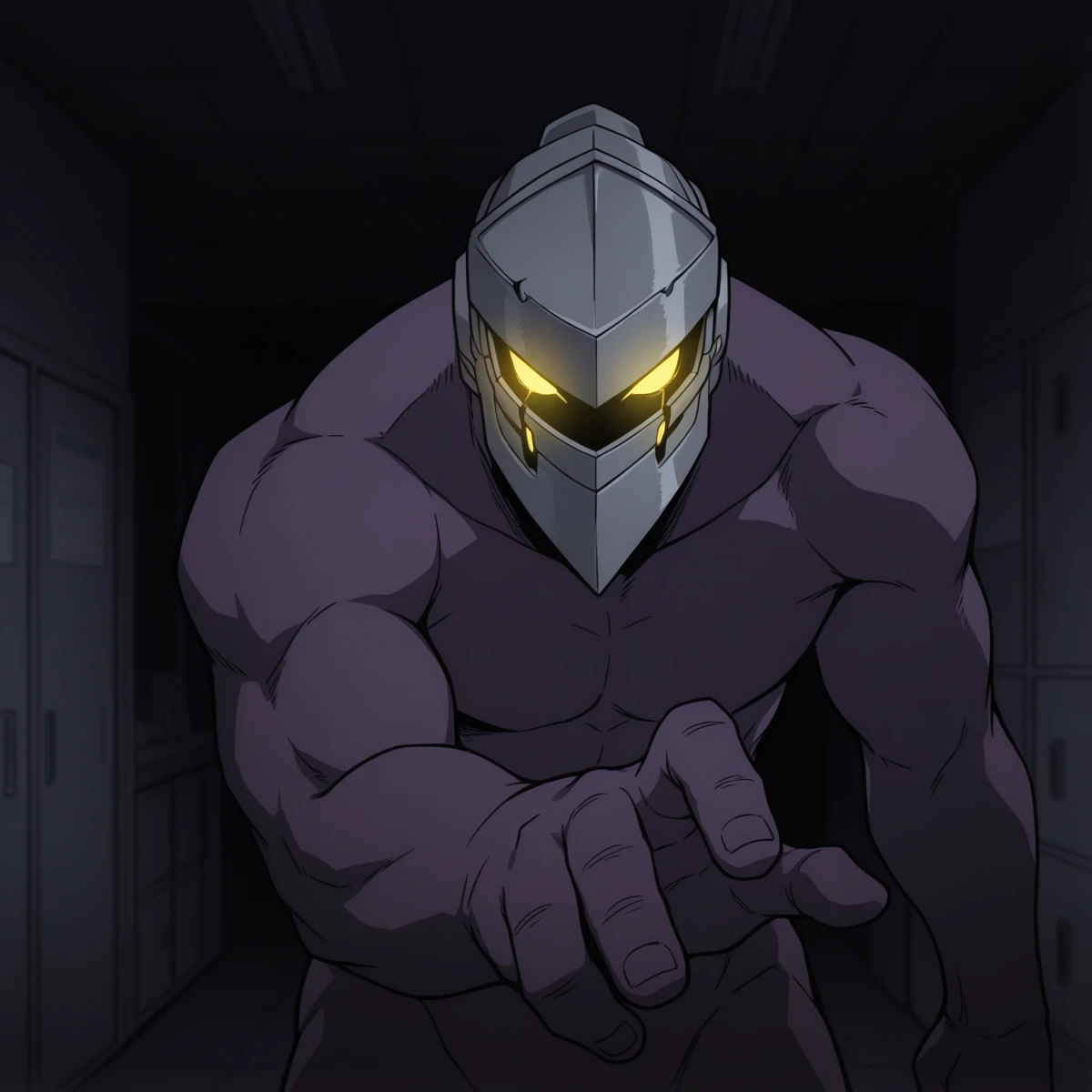 masterpiece, best quality, official style, 1male, adult, grown up, male focus, male body, nude, BREAK <lora:RoboNomu:1> RoboNomu, Nomu, Dark Purple Skin, yellow glowing eyes, Metal Helmet, lab room, dark room, dark atmosphere, looking at viewer,hand  reaching towards viewer <lora:My_Hero_Academia_Illustrious_X1_1024_SD8:1.0>