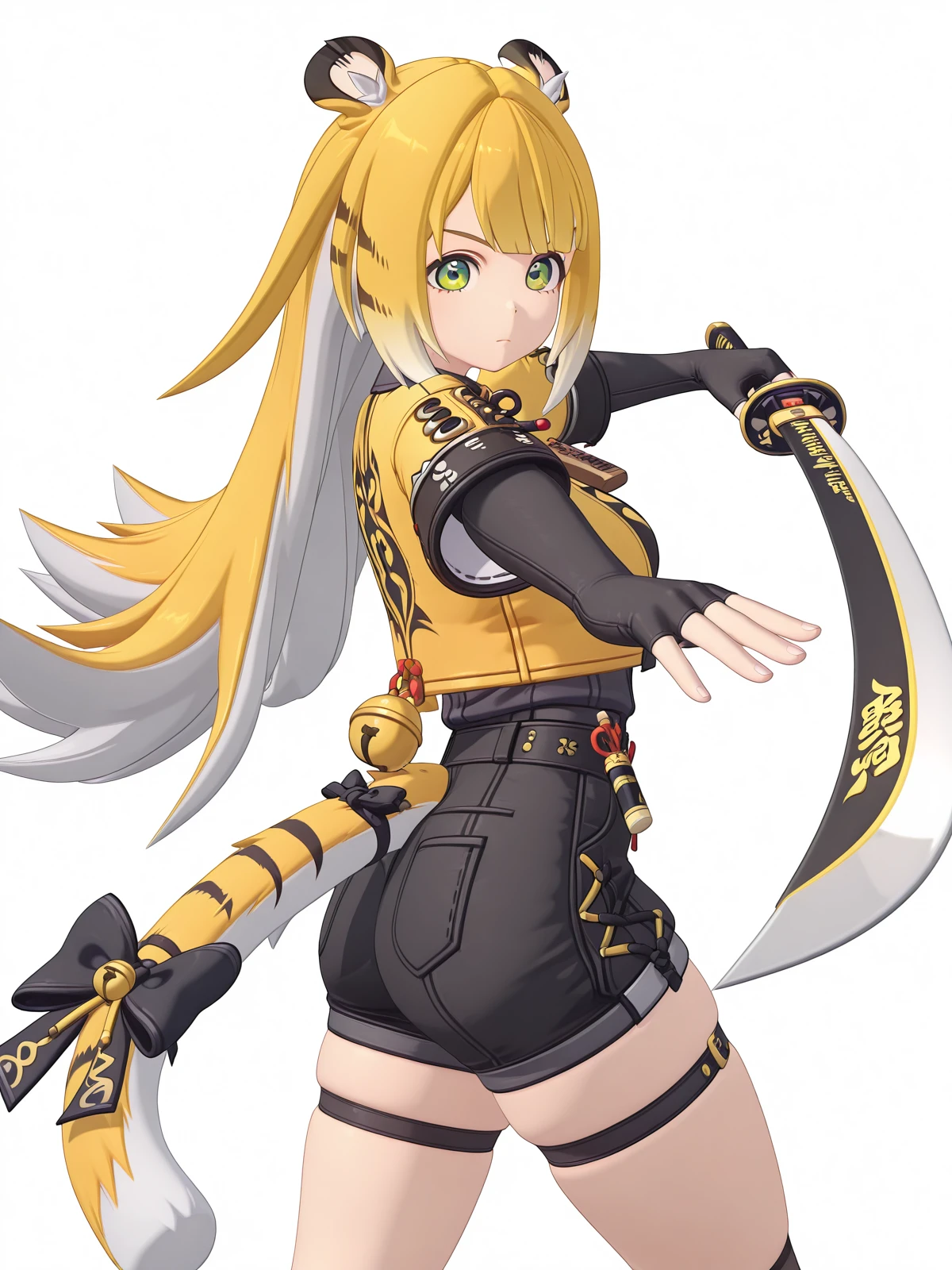 masterpiece, best quality, amazing quality,, <lora:zzz-ju-fufu-ingame-illustriousxl-lora-nochekaiser:1>, ju fufu, animal ears, blonde hair, colored inner hair, green eyes, grey hair, white hair, very long hair, tiger girl, tiger ears, tiger tail, mature female, medium breasts, 3d, bell, black bow, black gloves, black shorts, collred shirt, elbow gloves, fingerless gloves, jacket, kneehighs, shirt, skindentation, tail bow, tail ornament, thigh strap,, <lora:gatotsu-stance-illustriousxl-lora-nochekaiser:1>, gatotsu stance, weapon, sword, katana, holding weapon, holding, holding sword, foreshortening,, Natural settings, trees, rivers, sunlight, wildlife, cowboy shot, solo, looking at viewer, <lora:transparent-background-illustriousxl-lora-nochekaiser:1>, transparent background, simple background, white background