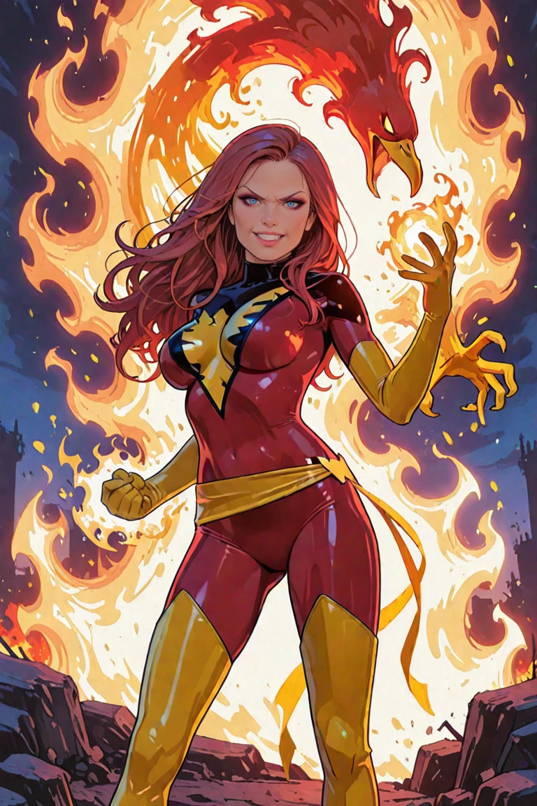 a piece, worst quality, not very good, least aesthetic, DarkPhoenix, 1girl, solo, long hair, bbw, , looking at viewer, thighhighs, gloves, , blue eyes, red hair, boots, elbow gloves, lips, , makeup, thigh boots, fire, clenched hand, skin tight, magic, superhero, thigh boots, yellow gloves, yellow thighhighs, red , yellow , yellow belt, phoenix symbol, yellow waist ribbon, red , yellow boots, outdoors, backlighting, side lighting, very beautiful, very detailed, amazing quality, comic art style, angry, smile, teeth
