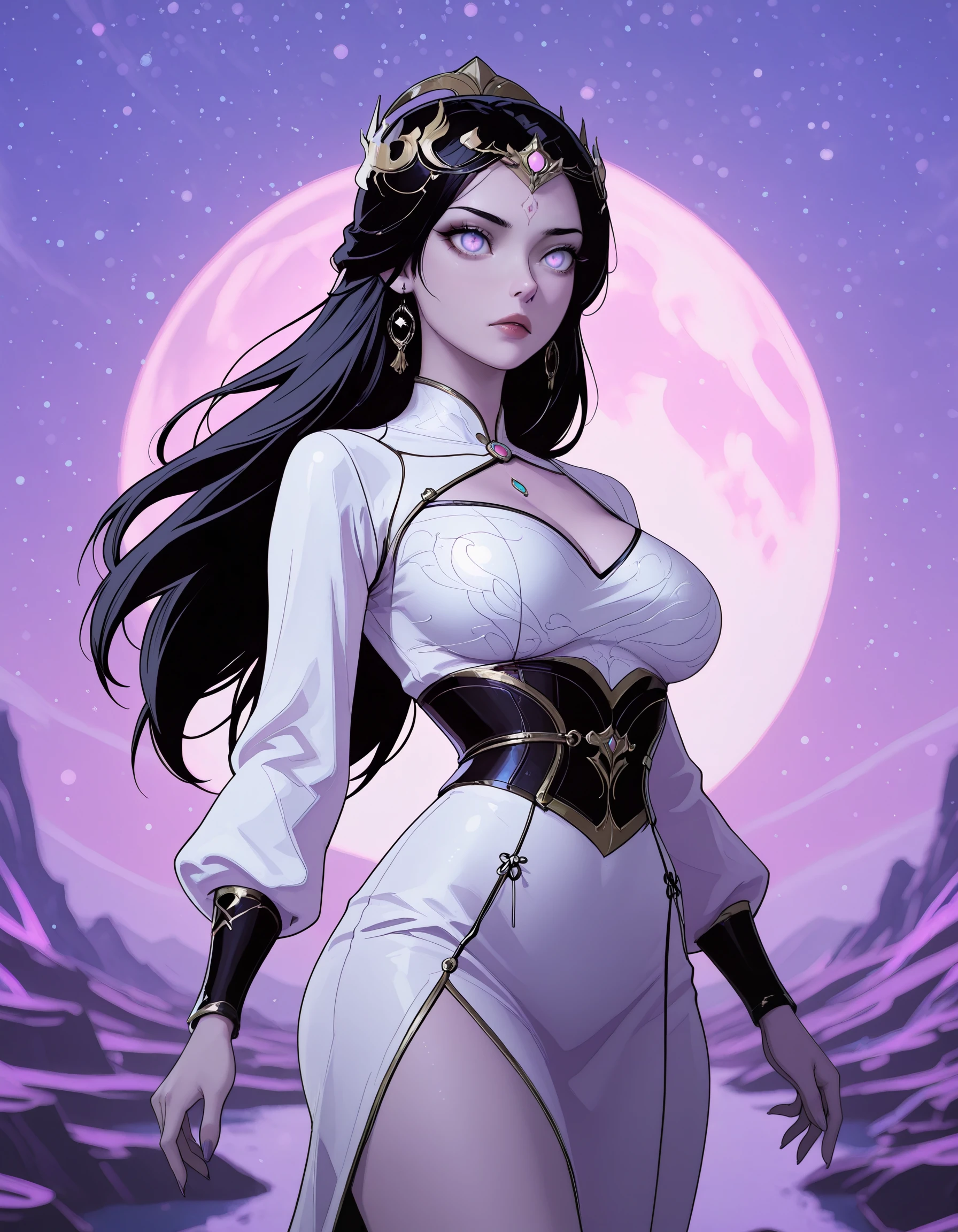 SmoothNoob_Quality, masterpiece, best quality, newest, absurdres, highres, very awa, very aesthetic, ultra-detailed, vivid, hongdie, 1girl, black hair, purple eyes, glowing_eye, long hair, upturned eyes, hair ornament, fantasy girl, elegant, chinese dress, xian ni, xianxia, dynamic_pose, cowboy_shot, ilya_kuvshinov, EGirlBG, blurry background, abstract_background, surreal, celestial landscape, <lora:DepthPop:0.55> <lora:Hong_Die_-_Red_Butterfly_Renegade_Immortal-000016:0.7>
