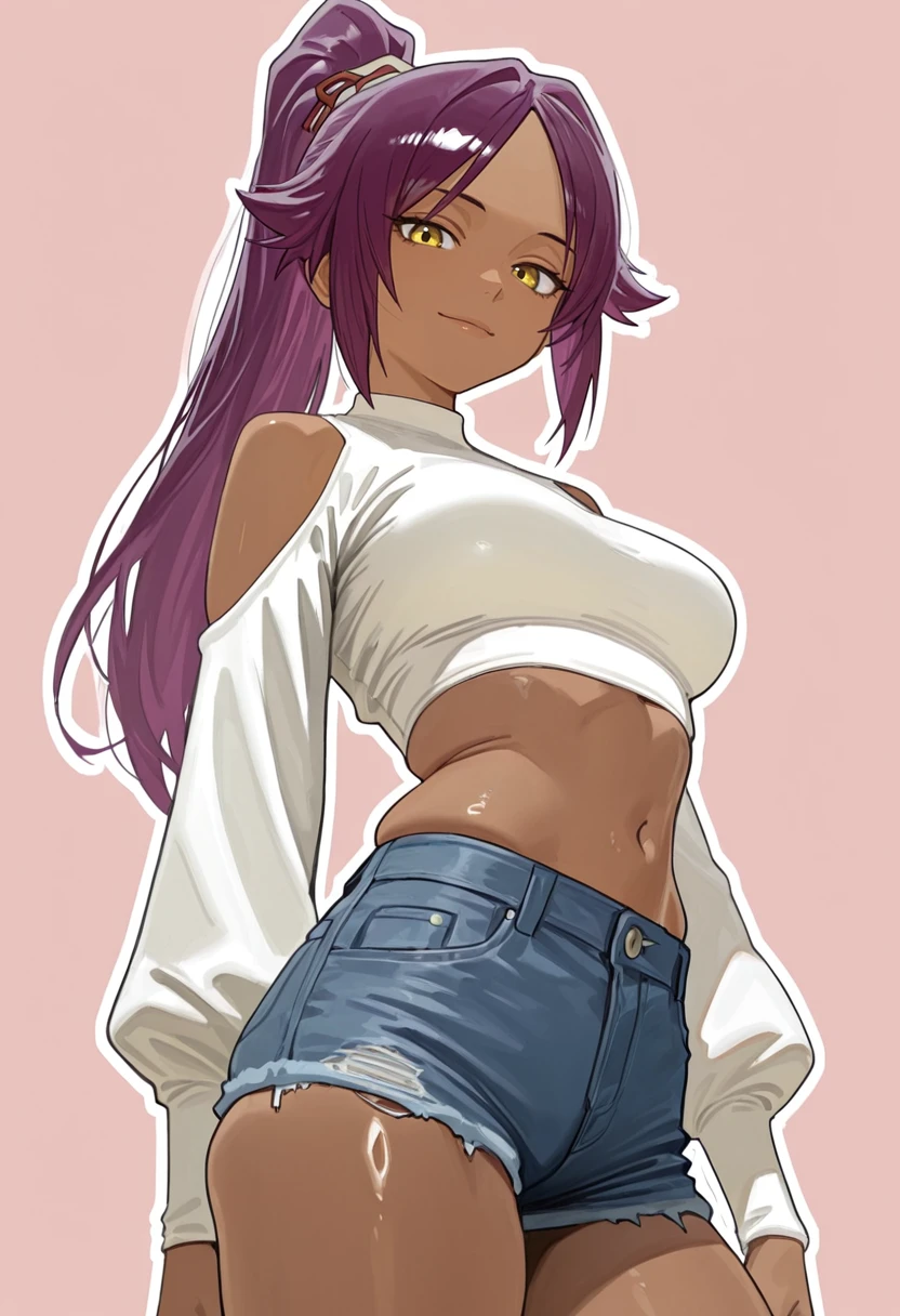 masterpiece, best quality,
1girl, solo,
standing,
looking at viewer, light smile,
simple background, pink background, white outline,
<lora:Hintobento:0.7> h1nt0b3nt0sknsfw,
<lora:Shihouin_Yoruichi:1> sh1h001ny0r01ch1, purple hair, dark-skinned female, yellow eyes, ponytail, long hair,
denim shorts, white crop top, navel, shoulder cutout, long sleeves, puffy sleeves, ,