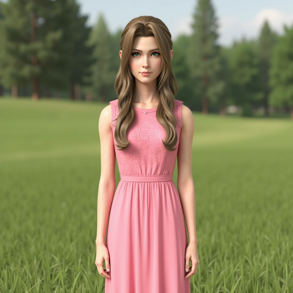 cg render, aid_aerith_ff7, aerith gainsborough, 1girl, solo, long hair, brown hair, green eyes, pink dress, long dress, sleeveless, looking at viewer, standing, outdoors