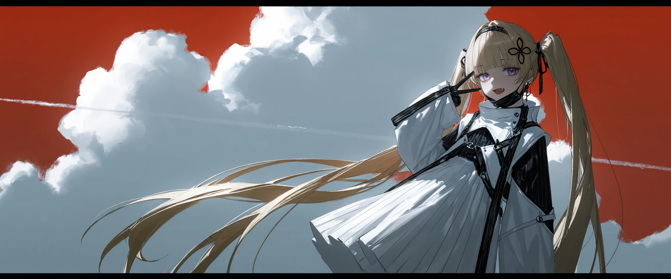 1girl,solo,<lora:é:1>,Lin,blonde hair,blunt bangs,golden hair,purple eyes,twintails,very long hair,Linyifu,Linyifu black hairband,Linyifu white skirt,hair ribbon,Linyifu high-necked clothes,Linyifu long sleeves,Linyifu black long earring ribbon,Ink wash painting,
black gloves,fang,mask pull,sleeves past fingers,
oil painting,artist:dino_(dinoartforame),artist:konya_karasue,(artist:nixeu:0.8),(artist:wlop:0.5),artist:ciloranko BREAK Dark fantasy style,red_background,monochrome,flat_color,dark,(rim light:1.3),(backlight:1.3),(cloud:1.2),simple background,(hair light transmission:0.8),wide,v,wind,letterboxed,(frontlight:0.6),(sidelight:0.6),(condensation trails:0.8),
