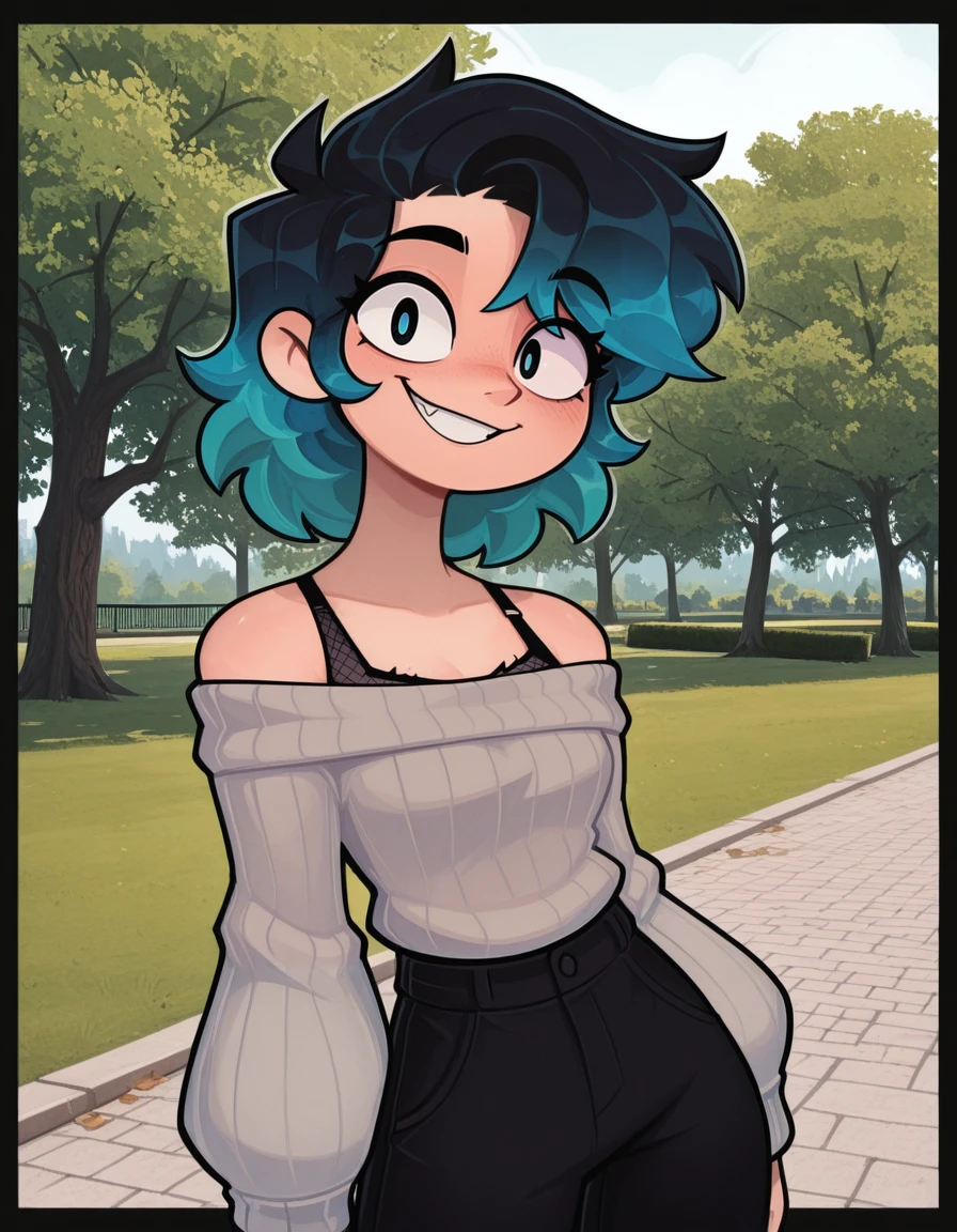 <lora:Bensadfleck_Style_LoRA:1> b3ns4dfl3ck, 
<lora:OC_Rae_Character_LoRA:1>
1girl, Ra3lyn.
A close-up illustration of Ra3lyn, heavily stylized with a drama layer, outside in a park
She is wearing an off-the-shoulder sweater, ripped fishnets.
Her hair has a gradient.
She is looking at the viewer,
solo, off-the-shoulder sweater, ripped fishnets, bra strap, gradient hair, face, close up, dark clothes, looking at viewer, park, nature, daytime, heavily stylized, drama layer, amazing quality, smile, black pants