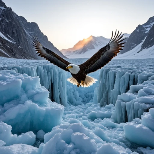 An eagle mid-flight above a snow-covered canyon, wind lifting its feathers, crystal-clear mountain air, distant peaks glowing orange from sunrise, intricate details on feathers and ice, hyperrealistic lighting and depth, 8K sharpness