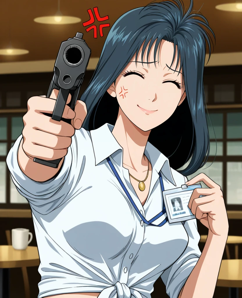 masterpiece, best quality, anime coloring, <lora:shima_ryokoV5:1> , 1girl, solo, shima ryoko, long hair, black hair, white collared shirt, tied shirt, shirt in shirt, necklace, sleeves rolled up, perky , , (curvy:0.6),cafe, upper body, ^_^, aiming at viewer, red anger vein, raised eyebrows, (holding id card:1.3), handgun,eyelashes