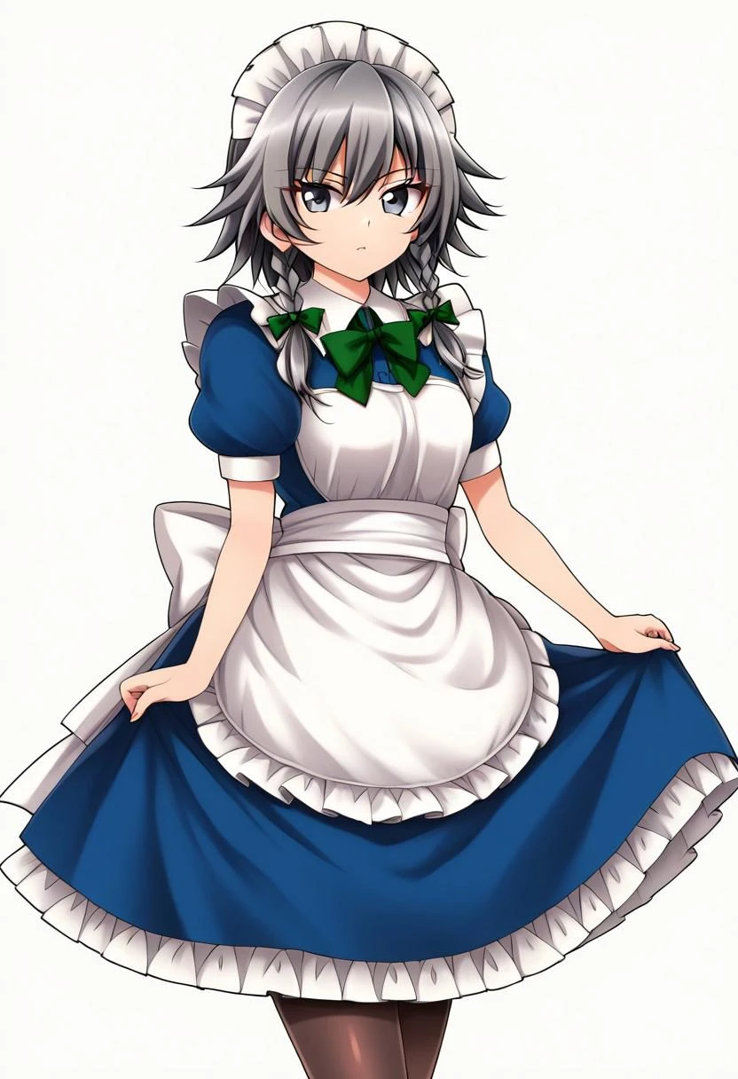 ((harukawa moe style)), ((white background)), ((black contour)), ((solo)), (1girl), posing, (neutral gaze), ((grey hair)). ((grey eyes)), ((izayoi sakuya)), ((maid headdress,)), braid, twin braids, green bow, hair bow, bangs, ((maid)), puffy sleeves, short sleeves, apron, blue dress, pantyhose