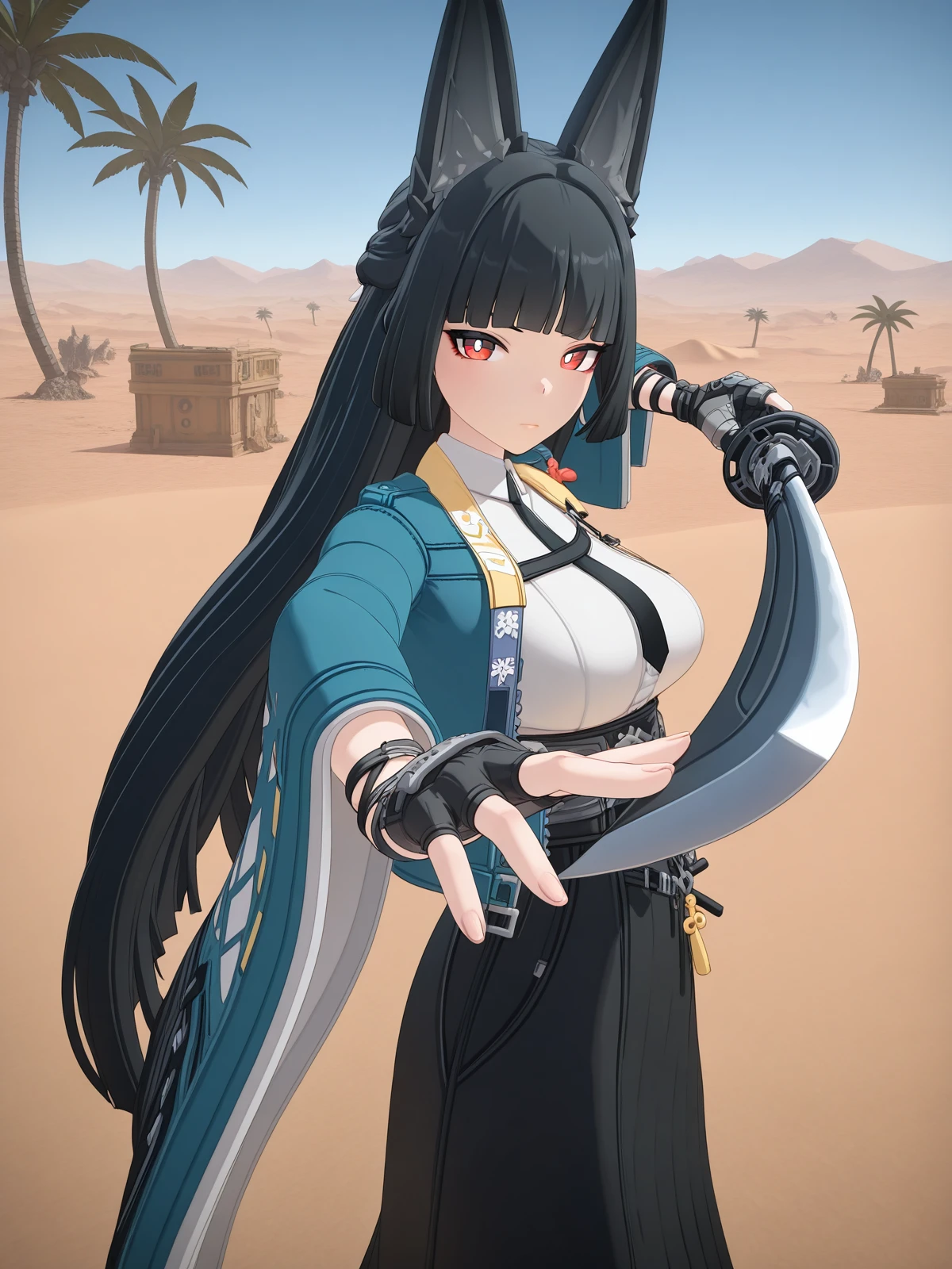 masterpiece, best quality, amazing quality,, <lora:zzz-miyabi-hoshimi-ingame-illustriousxl-lora-nochekaiser:1>, miyabi hoshimi, hoshimi miyabi, animal ear fluff, animal ears, black hair, bright pupils, fox ears, fox girl, half updo, long hair, red eyes, sidelocks, white pupils, mature female, large breasts, 3d, asymmetrical gloves, black gloves, black necktie, black skirt, blue jacket, collared shirt, fingerless gloves, gloves, high-waist skirt, jacket, long skirt, necktie, shirt, side slit, single fingerless glove, skirt, white shirt, wide sleeves,, <lora:gatotsu-stance-illustriousxl-lora-nochekaiser:1>, gatotsu stance, weapon, sword, katana, holding weapon, holding, holding sword, foreshortening,, oasis, water, palm_trees, desert, life, cowboy shot, solo, looking at viewer,