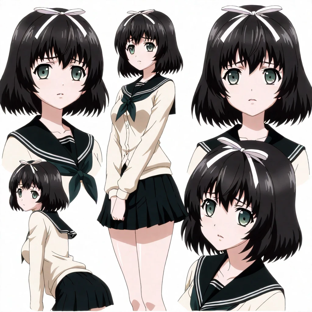 masterpiece,high score,great score,absurdres,anime coloring,looking at viewer,solo,<lora:character_Sheet_XL:0.5> character sheet, multiple views, white background,<lora:KanaeHokari hassakuill30:1> kanaehokari, black hair, short hair, hair ribbon, green eyes,serafuku,skirt,