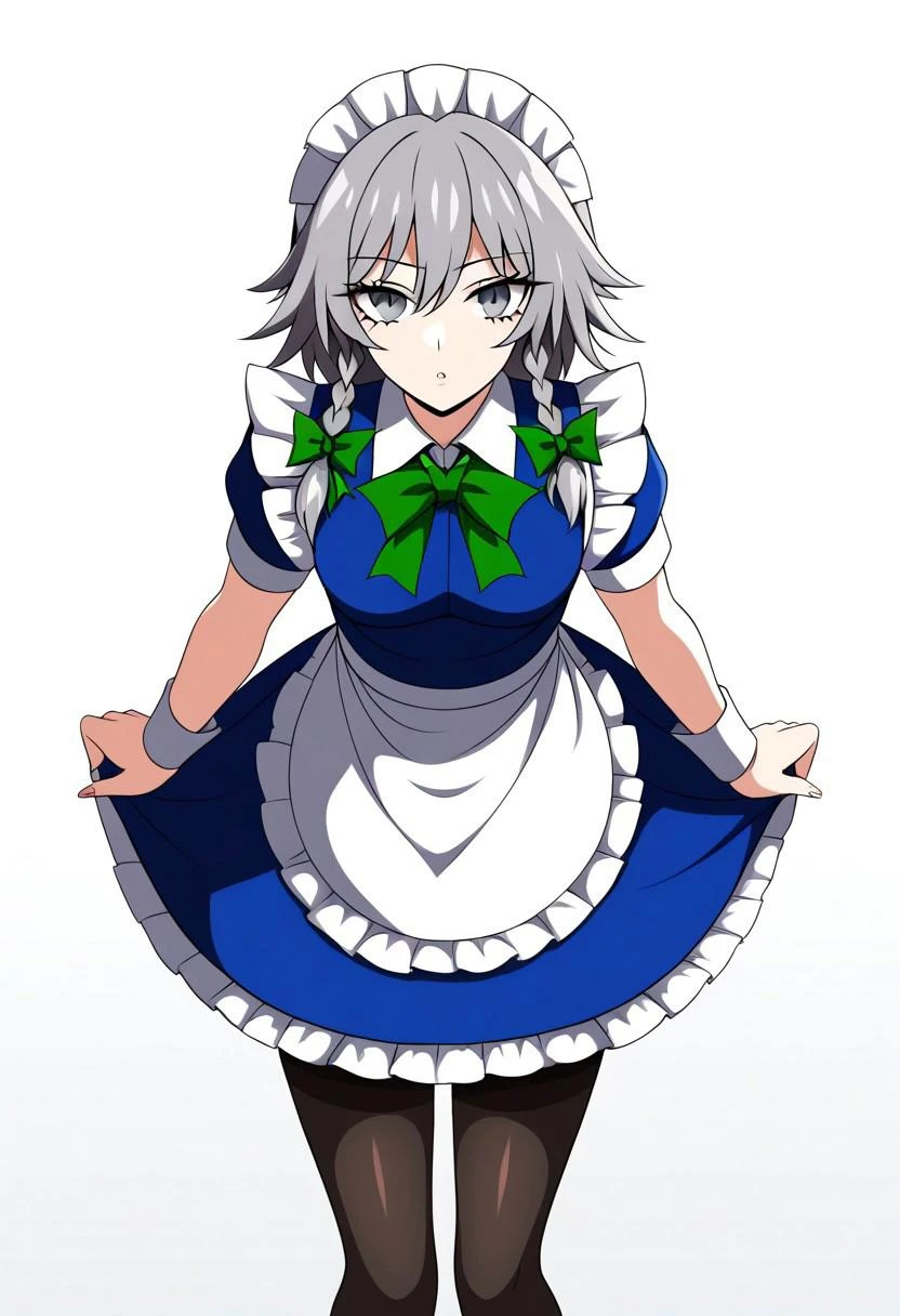 ((ssaf style)), ((white background)), ((black contour)), ((solo)), (1girl), posing, (neutral gaze), ((grey hair)). ((grey eyes)), ((izayoi sakuya)), ((maid headdress,)), braid, twin braids, green bow, hair bow, bangs, ((maid)), puffy sleeves, short sleeves, apron, blue dress, pantyhose