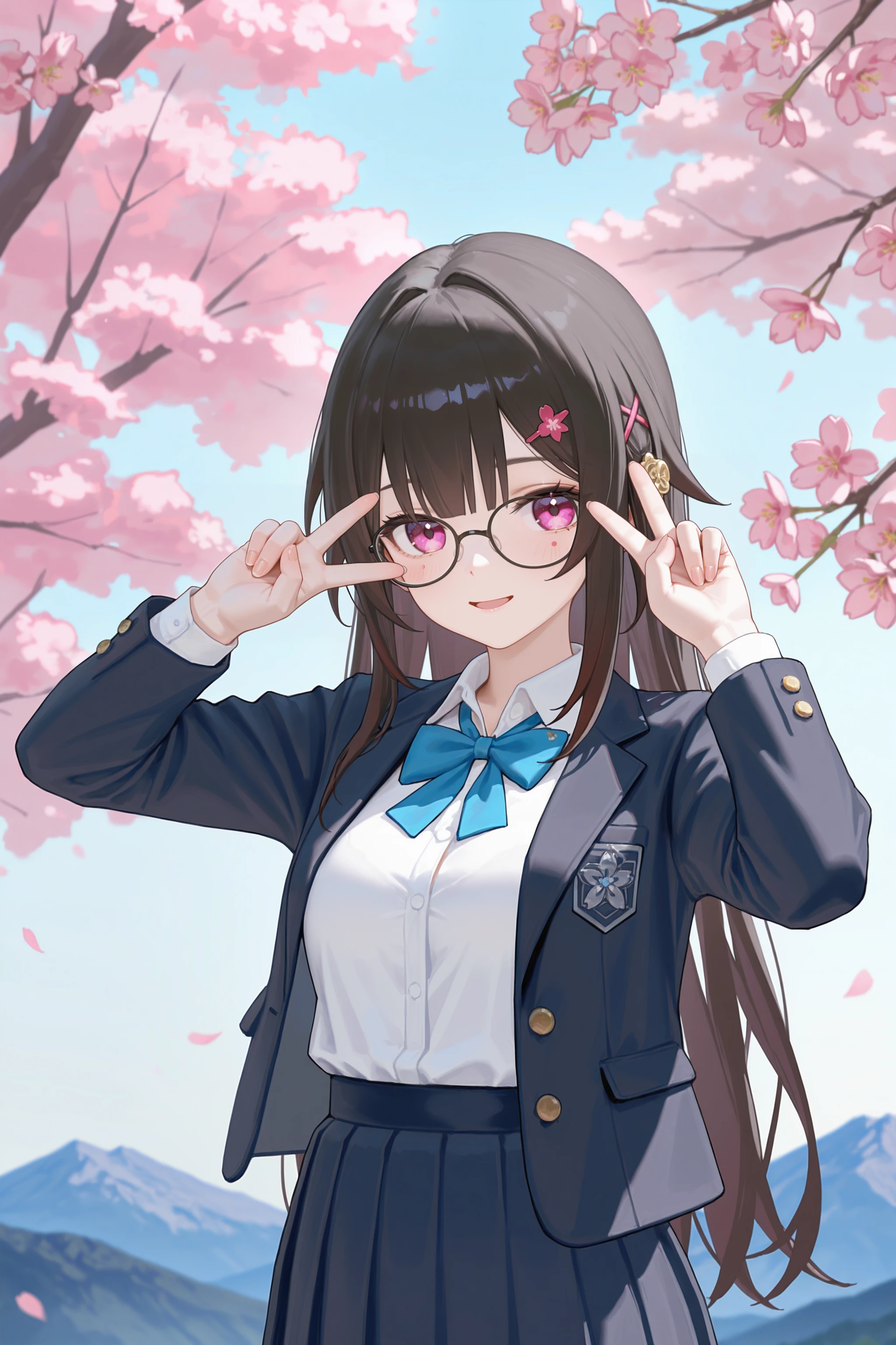 <lora:Char-HonkaiSR-Sparkle-V4-IL:0.9:hr=0.6>, (fkey:0.5), (fuzichoco:0.6), ningen mame, sho lwlw, (rhasta:0.9), (wlop:0.7), (ke-ta:0.6), chen bin, (hyouuma:0.8)
masterpiece, best quality, amazing quality, very aesthetic, absurdres, newest, (scenery, volumetric lighting) 1girl, sparkle \(honkai: star rail\), glasses, hairclip, black pleated skirt, black blazer, white collared shirt, open jacket, blue bowtie, hair down, long hair, light smile, double v, looking at viewer, smile, open mouth, outdoors, sky, mountain, cherry blossoms, petals, depth of field