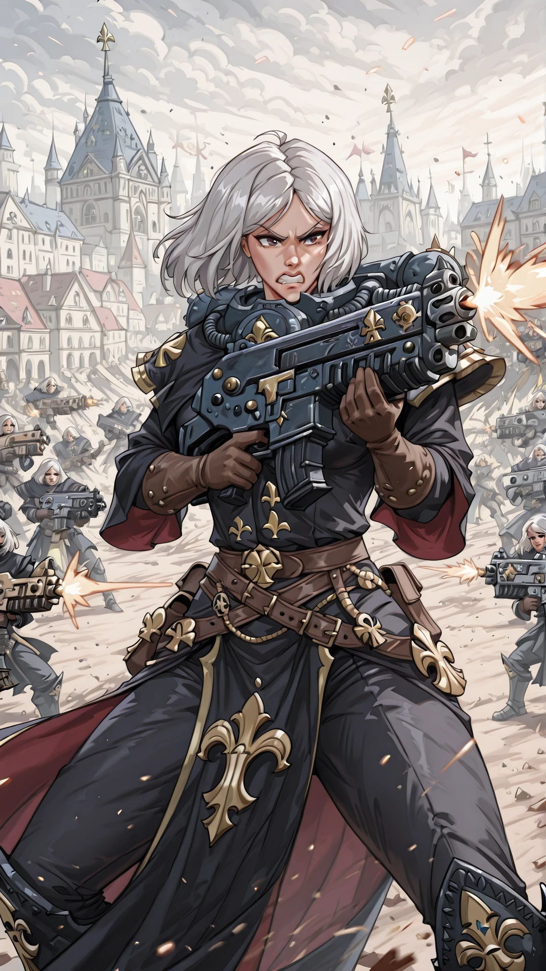 <lora:RogueTraderSisterArgenta:1> RogueTraderSisterArgenta, 1girl, fleur-de-lis, clenched teeth, bolter, firing, v-shaped eyebrows, outdoors, city, battlefield,