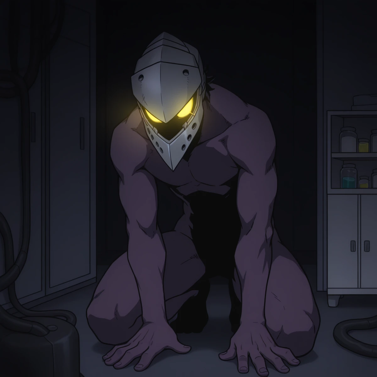 masterpiece, best quality, official style, 1male,  male focus, male body, nude, BREAK <lora:RoboNomu:1> RoboNomu, Nomu,, Dark Purple Skin, Metal Helmet, Yellow Glowing Eyes, full body, lab room, dark, tube, liquid <lora:My_Hero_Academia_Illustrious_X1_1024_SD8:1.0> no hair,