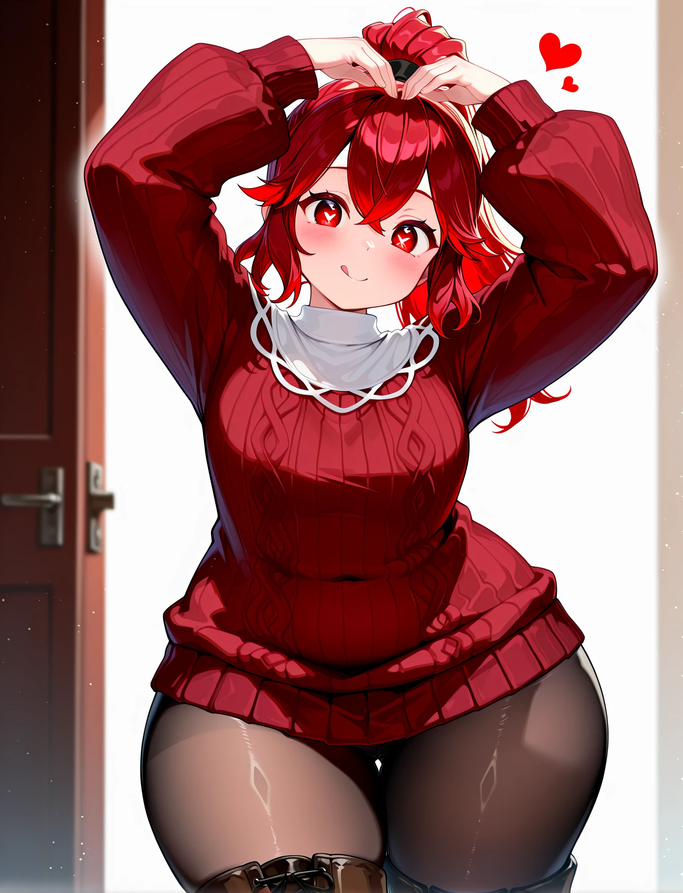 <lora:LECO-mature_female_XL(ill)v11:1> , <lora:Curvier:1>plump, thick thighs, wide hips, curvy,
<lora:AnnaEngage:1> red hair, red eyes, hair between eyes, sidelocks, bangs, high ponytail, AnnaCAS, white turtleneck collar, long red sweater, long ribbed sweater, white lace trim, long sleeves, pantyhose, brown boots,
<lora:heartarms_Illust_v1:0.8> heart arms, arms up,, IllusP0s, masterpiece, best quality, amazing quality, very aesthetic, absurdres, newest, Smooth_Quality