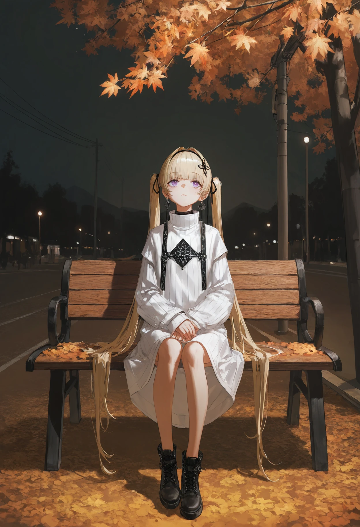1girl,(oil painting \(medium\):1.3),(watercolor effect:1.2),
masterpiece,best quality,
detailed eyes,
sitting on a bench,arms on lap,night scene,public park,utility pole,warm streetlight,autumn leaves,serene expression,looking up,soft lighting,cinematic atmosphere,moody,detailed background,painterly style,digital painting,peaceful,anime-inspired,atmospheric,solitude,quiet night,warm and cool contrast,
wide shot,full body,
oil painting,impasto,highres,extremely detailed 8k wallpaper,illustration,depth of field,great quality,masterpiece,best quality,amazing quality,very aesthetic,absurdres,wallpaper,detail eyes,artist:dino_(dinoartforame),artist:konya_karasue,(artist:nixeu:0.8),(artist:wlop:0.5),artist:ciloranko BREAK Dark fantasy style,<lora:é:1>,Lin,blonde hair,blunt bangs,golden hair,purple eyes,twintails,very long hair,
Linyifu,Linyifu legs,Linyifu black hairband,Linyifu black boots,hair ribbon,Linyifu high-necked clothes,Linyifu long sleeves,Linyifu black long earring ribbon,white long clothes,