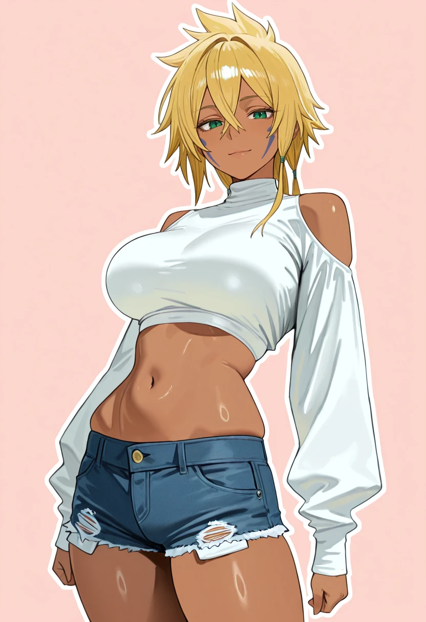 masterpiece, best quality,  
1girl, solo,
standing,
looking at viewer, light smile,
simple background, pink background, white outline,
<lora:Hintobento:0.7> h1nt0b3nt0sknsfw,
<lora:Tia_Harribel:1> t14h4rr1b3l, dark-skinned female, blonde hair, hair between eyes, green eyes, facial mark, bangs, 
denim shorts, white crop top, navel, shoulder cutout, long sleeves, puffy sleeves, ,