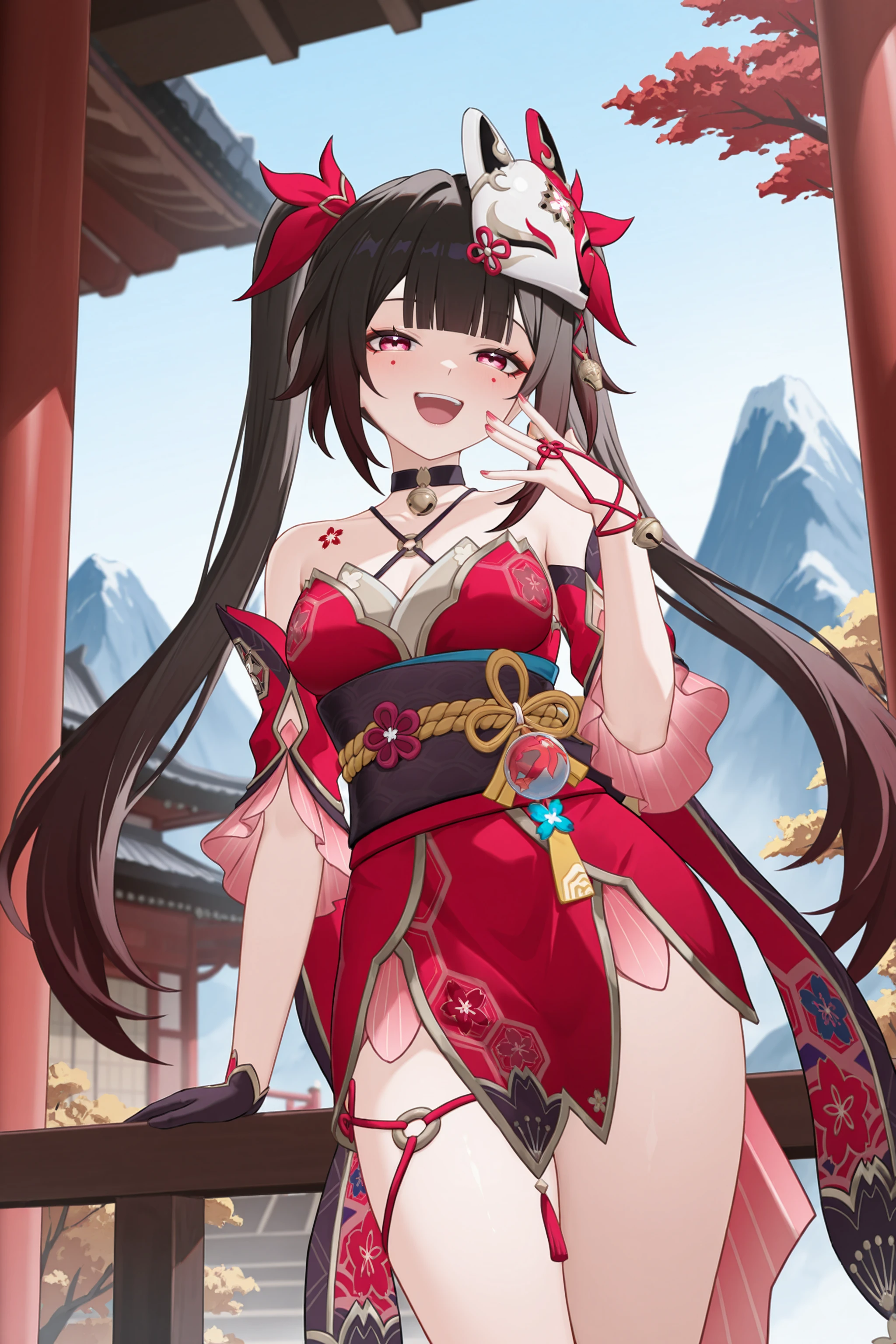 masterpiece, best quality, amazing quality, very aesthetic, high resolution, ultra-detailed, absurdres, newest, scenery, depth of field, <lora:Char-HonkaiSR-Sparkle-V4-IL:0.9:hr=0.6> 1girl, sparkle \(honkai: star rail\), twintails, red hair ribbon, criss-cross halter, off shoulder kimono, mask on head, detached furisode sleeves, bell choker, obi, black single glove, wrist ribbon, nail polish, criss-cross halter, thigh strap, cowboy shot, standing, contrapposto, looking at viewer, laughing, sky, mountain, east asian architecture, outdoors, depth of field