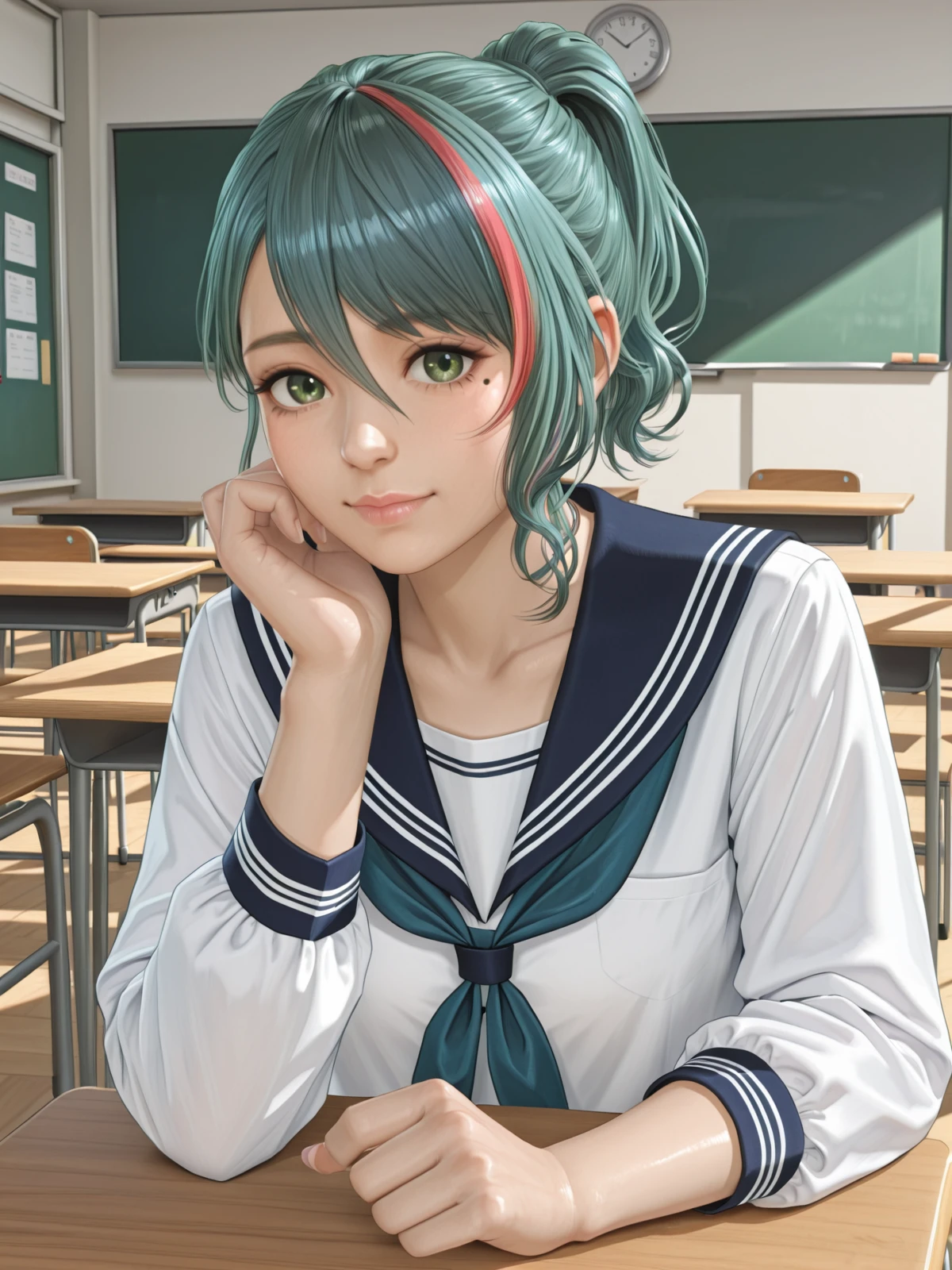 tamaki \(doax vv\),streaked hair,short ponytail,green eyes,mole under eye,serafuku,classroom,