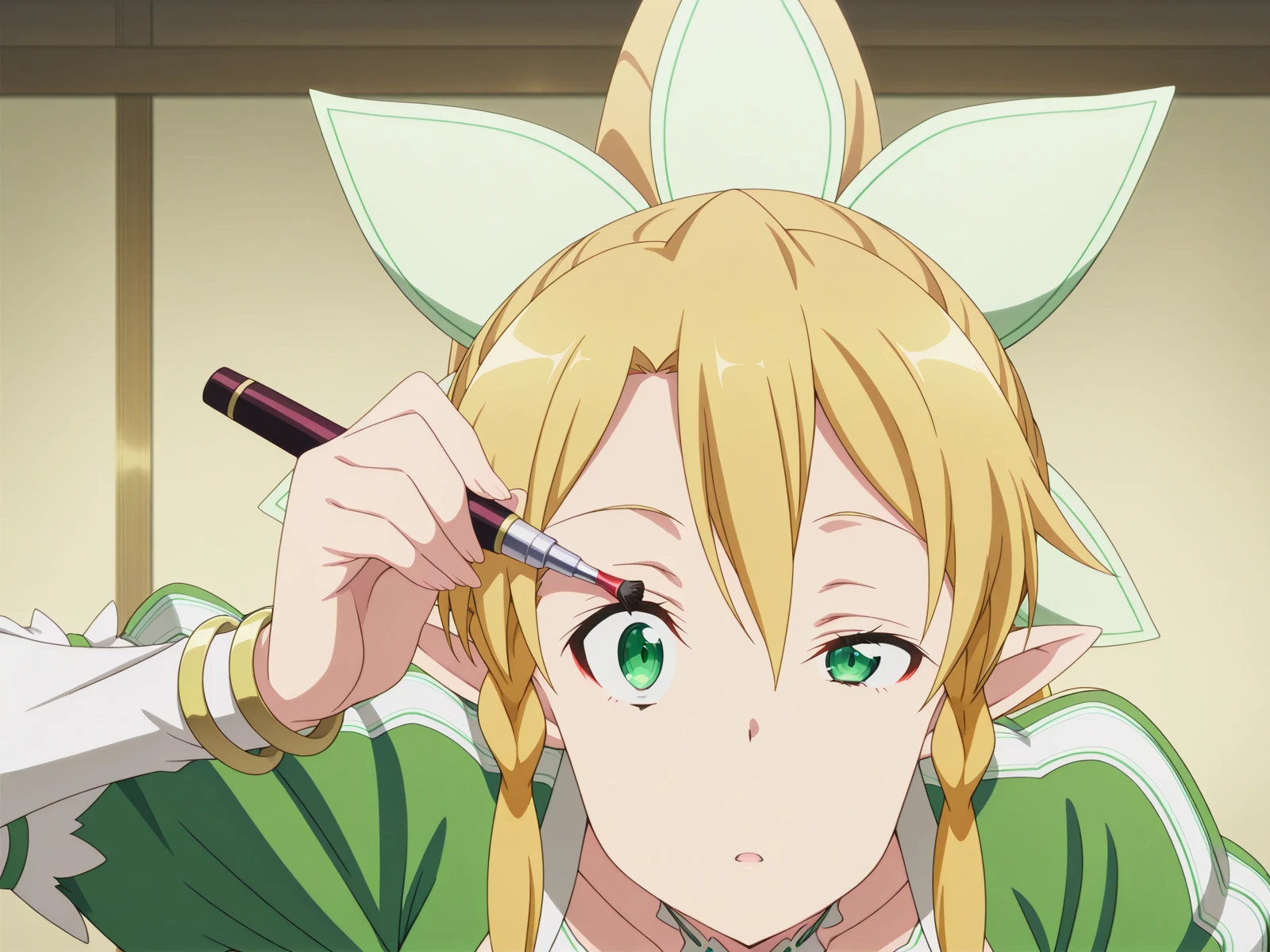 masterpiece, best quality, amazing quality,, <lora:suguha-kirigaya-s1-illustriousxl-lora-nochekaiser:1>, suguha kirigaya, leafa (sao), long hair, blonde hair, ponytail, braid, pointy ears, twin braids, mature female, large breasts, anime screencap, <lora:airashiratori-holding-mascara-illustriousxl-lora-nochekaiser:1>, airashiratori holding mascara, solo, looking at viewer, open mouth, holding, upper body, parted lips, half-closed eye, mascara wand, straight-on, hand up, mascara, applying makeup, eyelashes, arm up, wide-eyed, leaning forward,, , ,