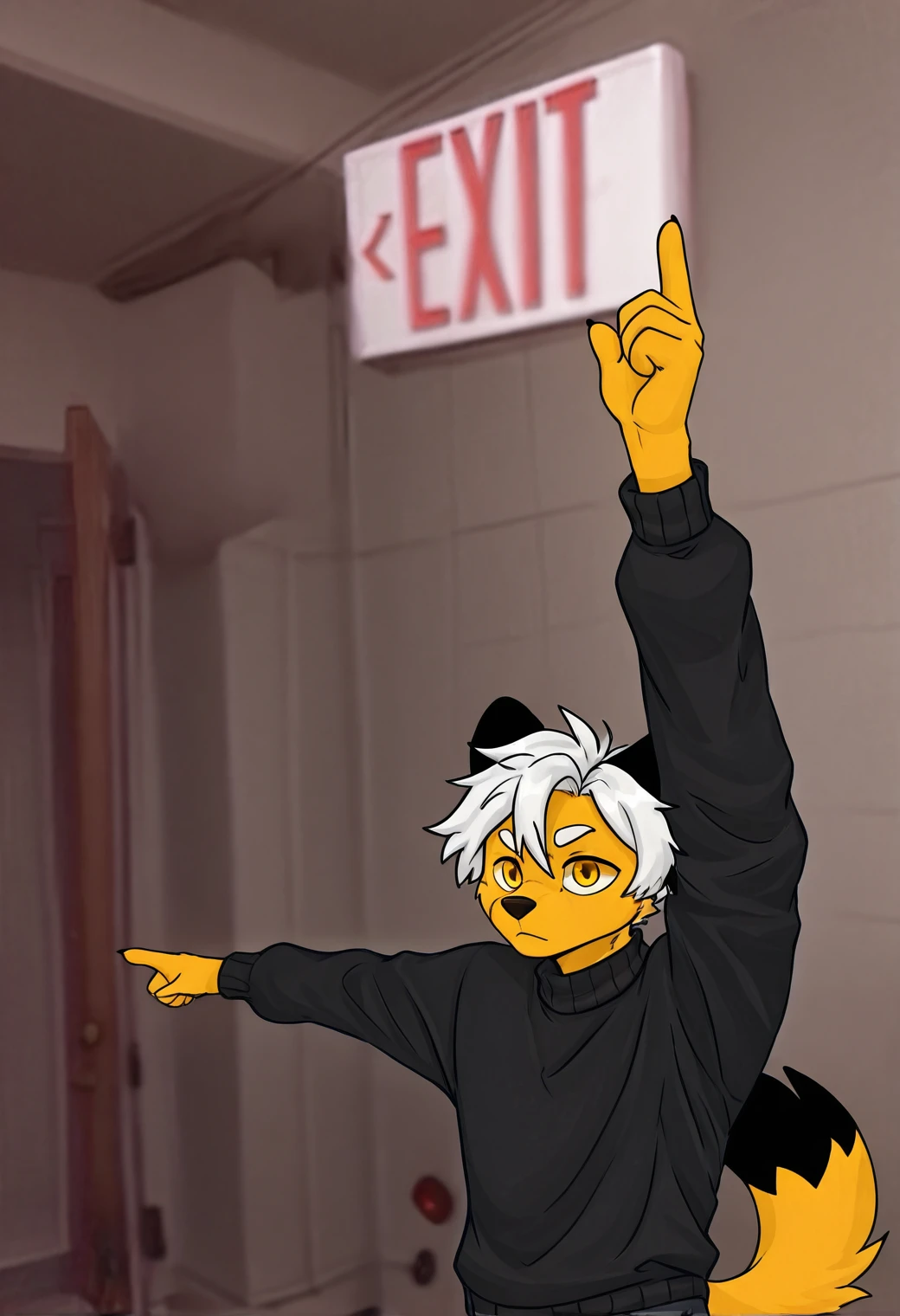 <lora:exit-il>, mikus-concept, pointing, one arm raised pointing up, other arm extended sideways, exit sign, red exit text, standing, upper body, holding sign, BREAK, <lora:mikus-il-v2>, mikus, yellow fur, yellow eyes, black tip tail, black ears, white hair, black sweater