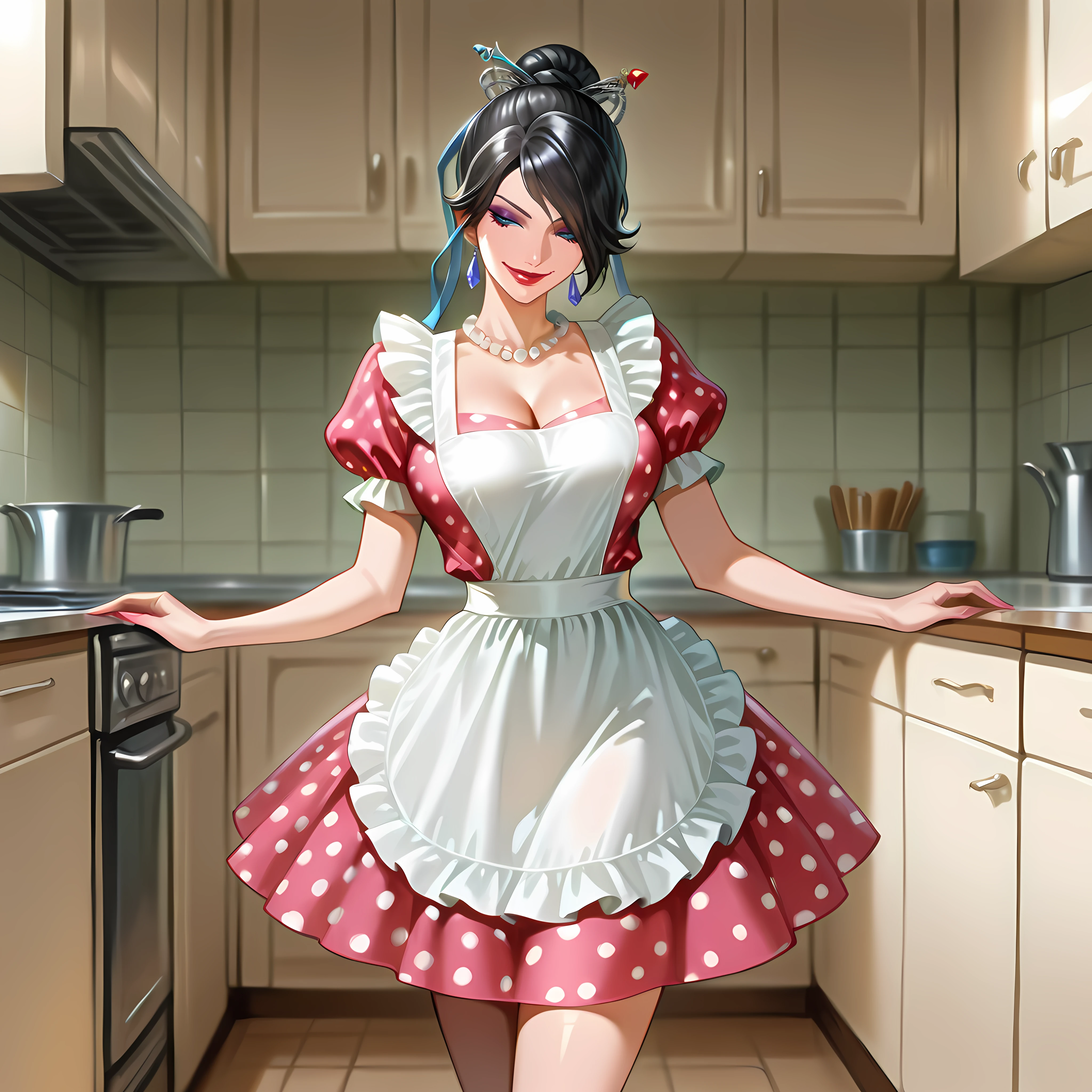 Masterpiece, newest, perfect quality, best quality, 1girl, solo, lulu_\(ff10\), cowboy shot, 50shous3wif3, jewelry, full body, makeup, pearl necklace, polka dot dress, frilled apron, short sleeves, puffy sleeves, kitchen, indoors, smile,