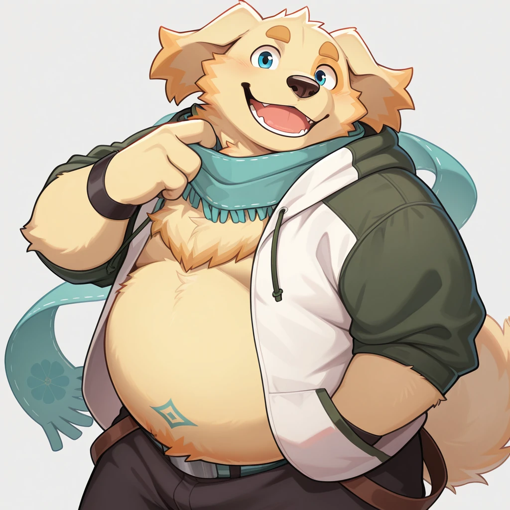 masterpiece, best quality, newest, absurdres, highres, safe,<lora:p:1> cu sith, furry, anthro, dog, golden retriever, chubby, fat, scarf, hoodie, sandals, pants, looking at viewer, smiling, standing up, posing, cute, :3 <lora:NOOB_EPSv1_1_detailer_by_vlnvk_v1_0:1>  detailed background,