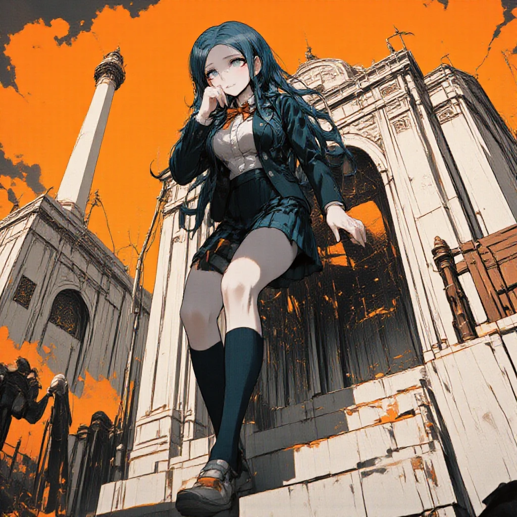 <lora:Hyper-FLUX.1-dev-8steps-lora:0.125>,    <lora:100danganpack-flux:0.5>   ,  100danganpack,  <lora:Nononononoway_Style_Flux:0.9>, <lora:Tsumugi_Shirogane_Danganronpa_flux_tags_V2.01_25e:0.8>,  A detailed anime-style professional illustration which features high quality anime digital art combined with detailed character design. Tsumugi Shirogane wearing her uniform from Danganronpa V3. Tsumugi Shirogane has knee-length teal-blue hair parted in the center which is straight and smooth at the base and gradually splits into waves near the tips. Her eyes are large, round, and are a soft teal-green color. Tsumugi wears round, rimless glasses with white temples. Tsumugi's Danganronpa V3 school uniform consists of a white blouse with an orange bow tied at her collar underneath a two-button, pocketed, teal-black school blazer adorned with two silver buttons on each lapel and a single button on each gorge. She wears a knee-length teal-black pleated skirt with two dark teal stripes lining the hem. Her legwear consists of dark navy knee-length socks and teal-gray loafers. Tsumugi is active and engaged with this strange and mysterious environment. Tsumugi Shirogane climbs the steps of a white, geometric building while the orange smog swirls around her, her expression determined despite the obvious difficulty of breathing in the toxic air. She pauses frequently to catch her breath, one hand pressed against the building's wall for support while the other covers her nose and mouth. The architecture around her is distinctly Mediterranean or Middle Eastern in style, with smooth, blocky structures that seem to be constructed from white stone or concrete, decorated with ornate gold and silver accents. Her movements are labored and slow, clearly affected by the poor air quality and oppressive heat. The smog creates an almost apocalyptic atmosphere, with the orange haze giving everything an otherworldly, dangerous quality. Industrial sounds can be heard in the distance, suggesting the source of the pollution that has consumed this environment.
