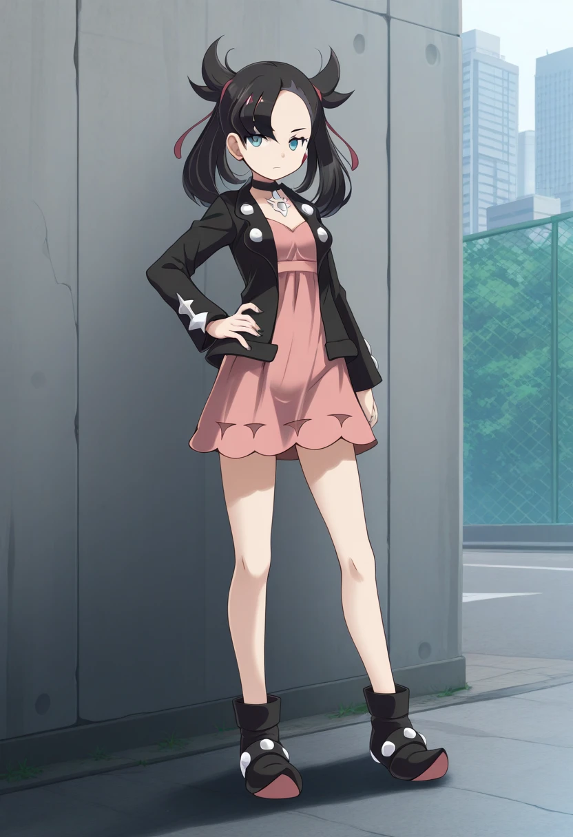 1girl, solo, marimarniess, black hair, twintails, medium hair, hair ribbon, asymmetrical bangs, undercut, earclip, choker, jacket, long sleeves, dress, ankle boots, outdoors, city, tile wall, hand on own hip, expressionless,
