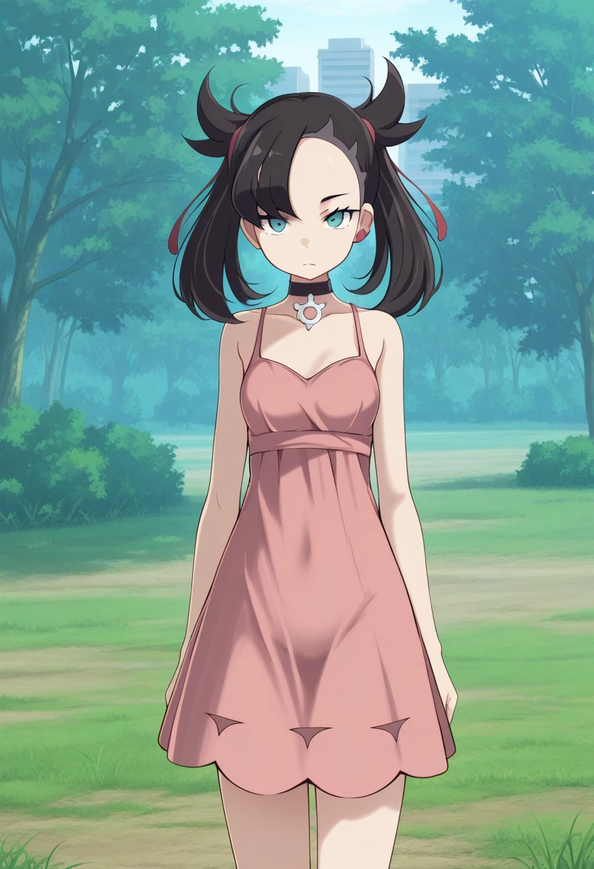 1girl, solo, marimarniess, black hair, twintails, medium hair, hair ribbon, asymmetrical bangs, undercut, earclip, choker, sleeveless dress, outdoors, city part, grass, tree, standing, straight on, looking at viewer, expressionless,