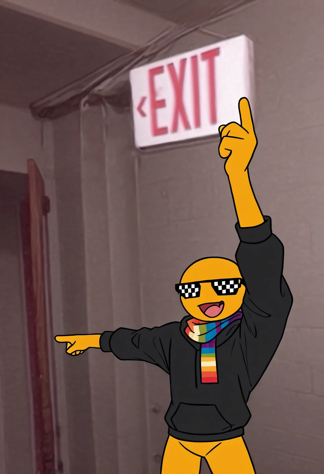 <lora:exit-il>, mikus-concept, pointing, one arm raised pointing up, other arm extended sideways, exit sign, red exit text, standing, upper body, holding sign, BREAK, <lora:xmattar-10>, xmattar, open mouth, rainbow scarf, , solo, smile, pixel sunglasses, 1boy,black hoodie, yellow skin, circular head,,yellow legs, no pants