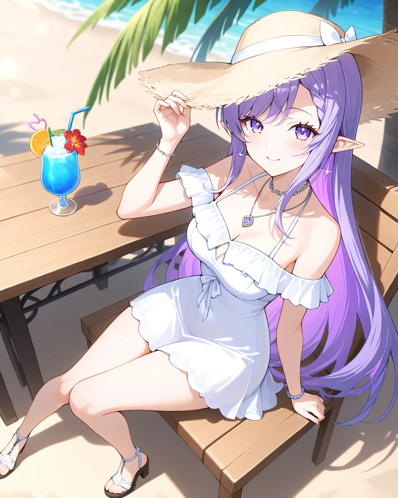 masterpiece,best quality,anime coloring,anime screenshot,1girl,solo,
dynamic pose,dutch angle,overhead view,
narrow waist,wide hips,1girl,solo,smile,looking at viewer,foreshortening,White sundress,wide-brimmed sun hat,open-toe sandals,windswept hair,Sitting at an outdoor café table under palm trees,sipping from a vivid tropical drink with two straws as ocean breeze tousles the dress in golden sunlight.,
straight_hair,