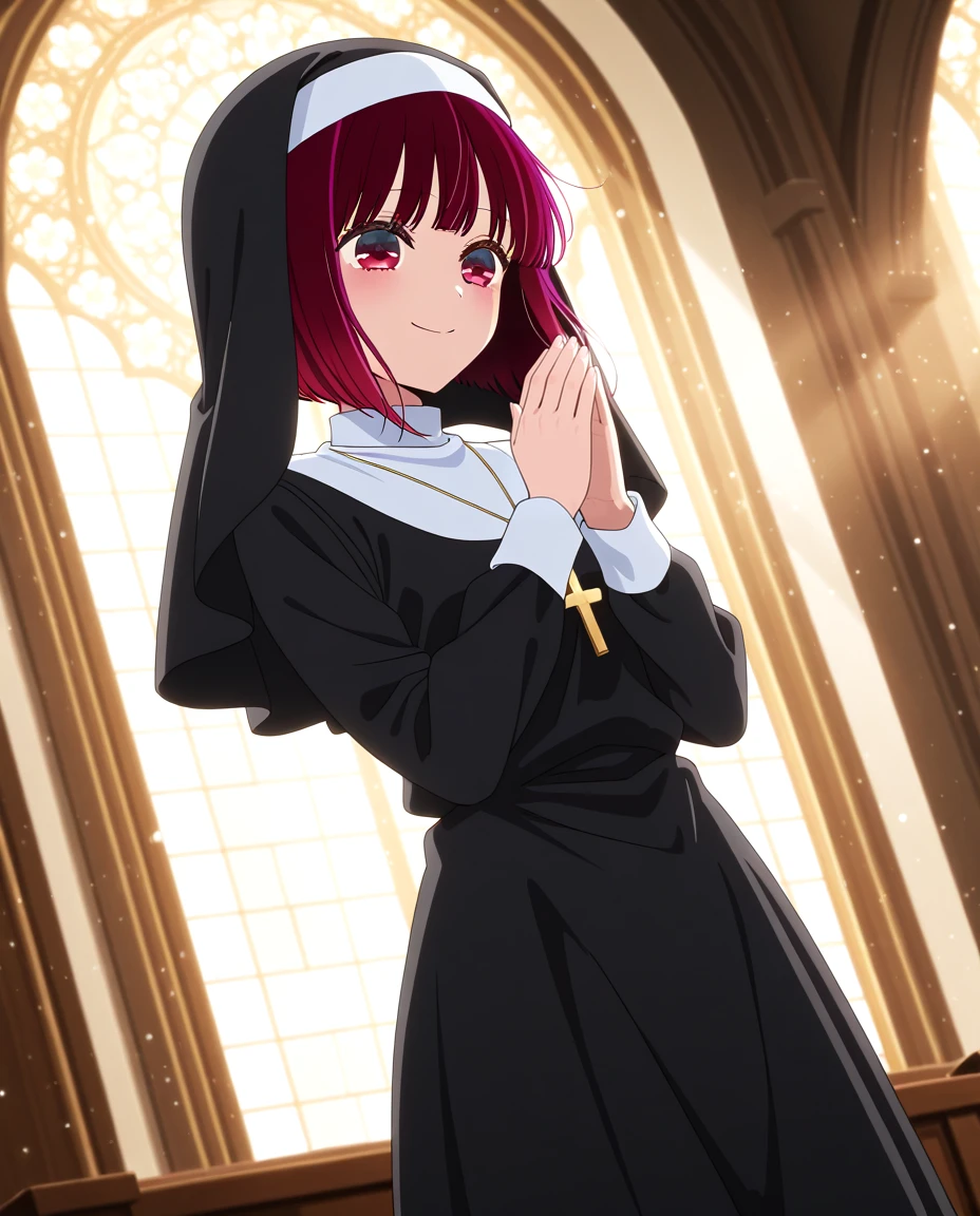 <lora:kana-arima-s1-ponyxl-lora-nochekaiser:1>, kana arima, short hair, bangs, red eyes, red hair, bob cut, traditional nun, nun, habit, long sleeves, dress, black dress, jewelry, black veil, cross, cross necklace, church, smile, praying, backlighting, sunlight, light particles, cowboy shot, dynamic angle, score_9, score_8_up, score_7_up, anime coloring, anime screencap