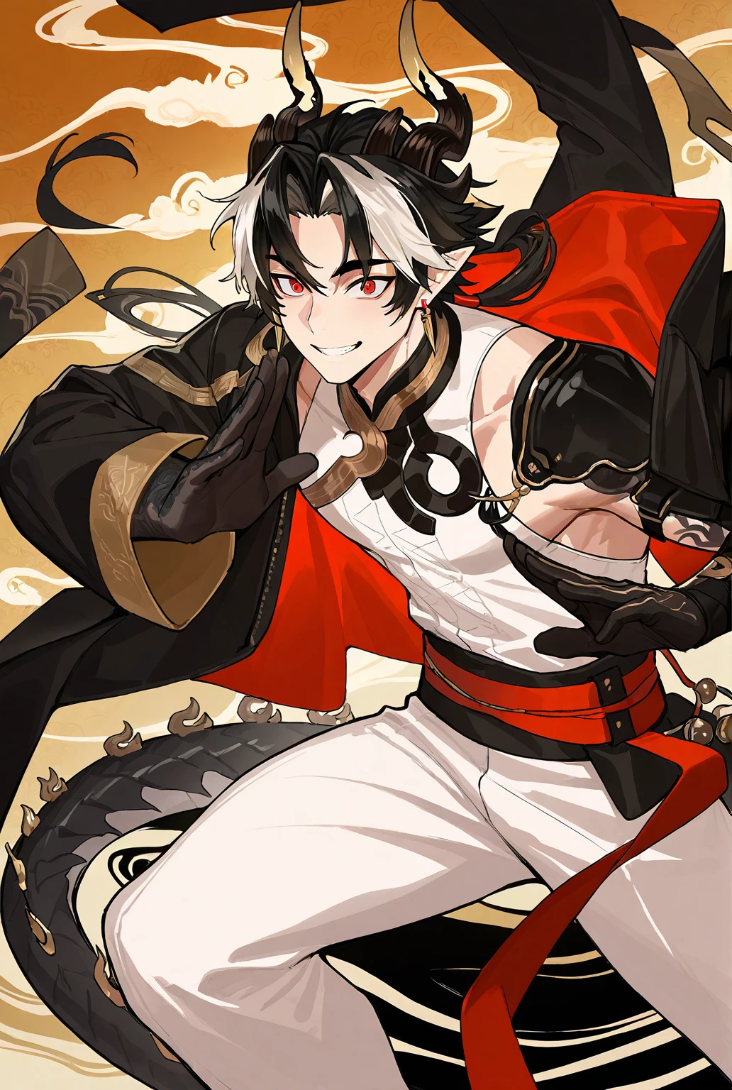 very awe,aesthetically pleasing,masterpiece,best quality,amazing quality,very aesthetic,ultra-detailed,high resolution,8k,1boy,solo,male focus,detailed face,horns,black hair,pointy ears,multicolored hair,white hair,jewelry,dragon boy,earrings,red eyes,colored skin arms,black arms,black hands,sleeveless,jacket,long sleeves,dynamic pose,steaming, smile, teeth,perspective,ink background,looking at viewer,<lora:add-detail-xl:1>,<lora:Chongyue:0.7>,chongyue ak,<lora:jiaocha_illustriousXL:0.5>,